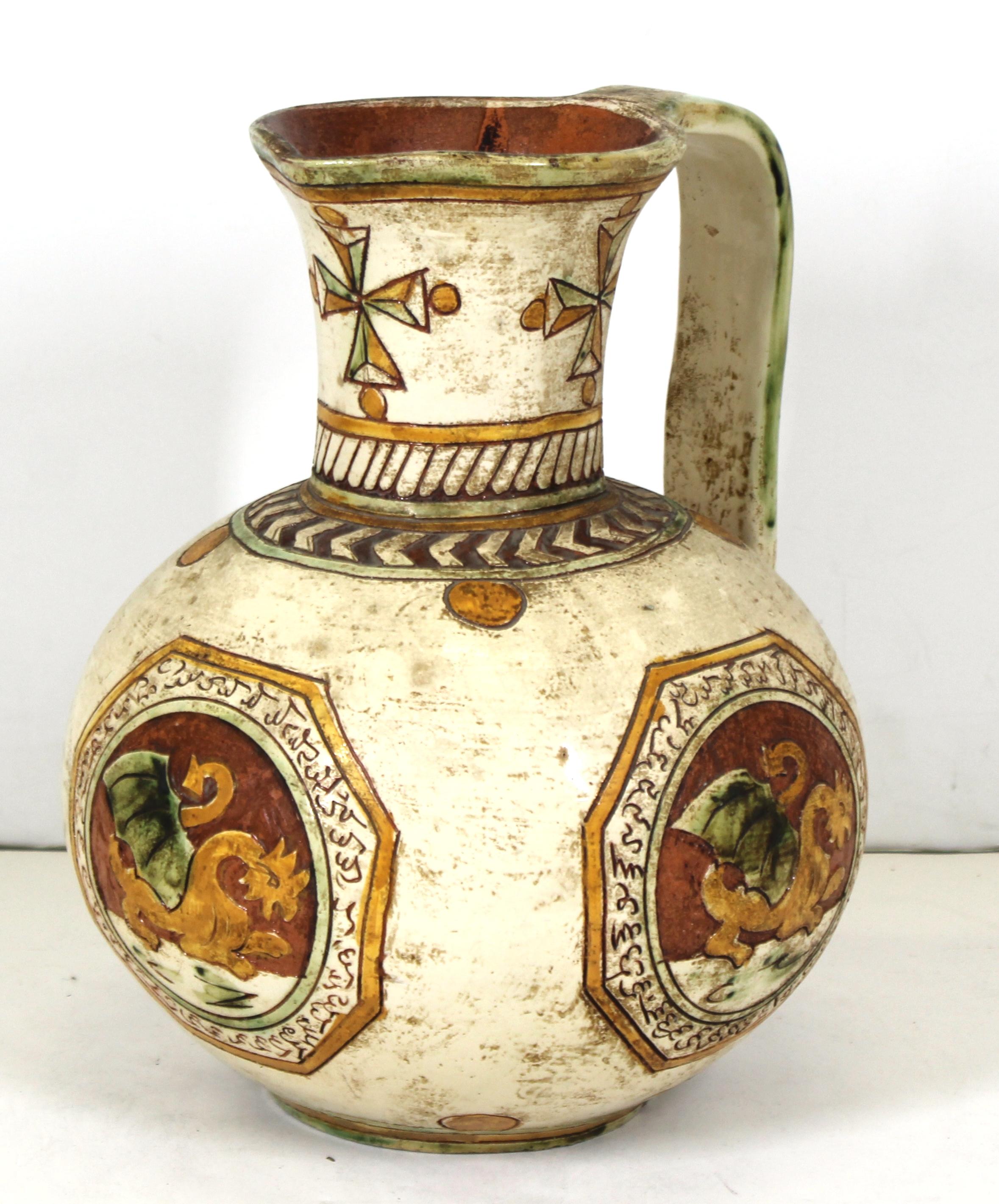 Early 20th Century Italian Renaissance Revival Sgraffito Ceramic Pitcher with Dragon Motif For Sale