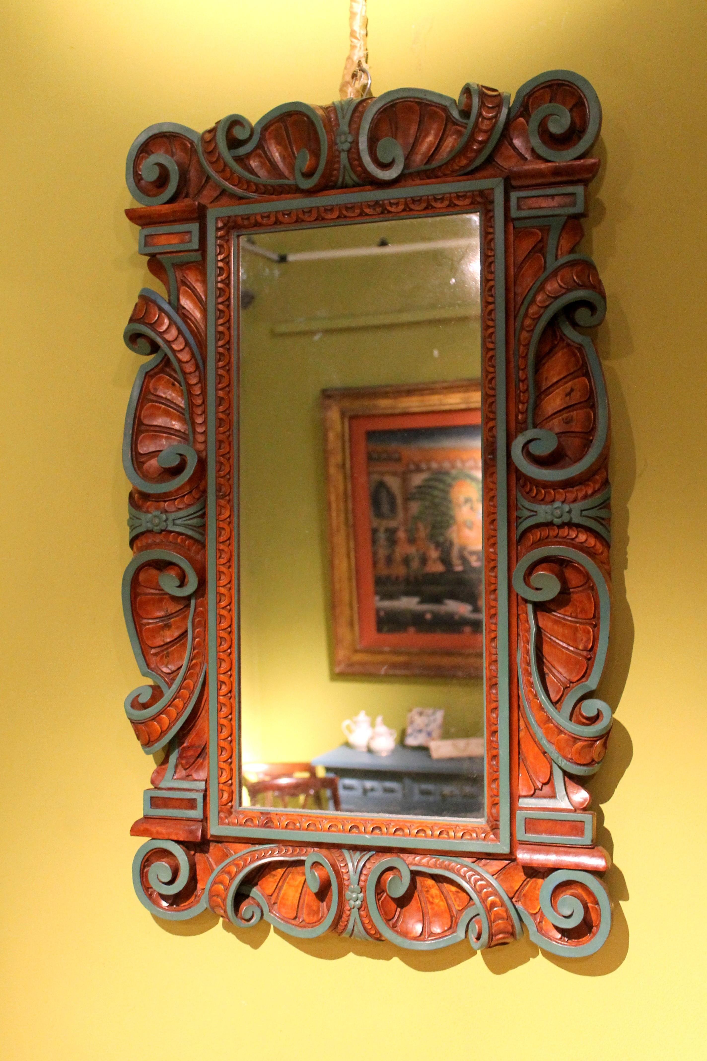 Hand-Carved Italian Renaissance Revival Style Frame Mirror Carved and Lacquer Walnut Wood