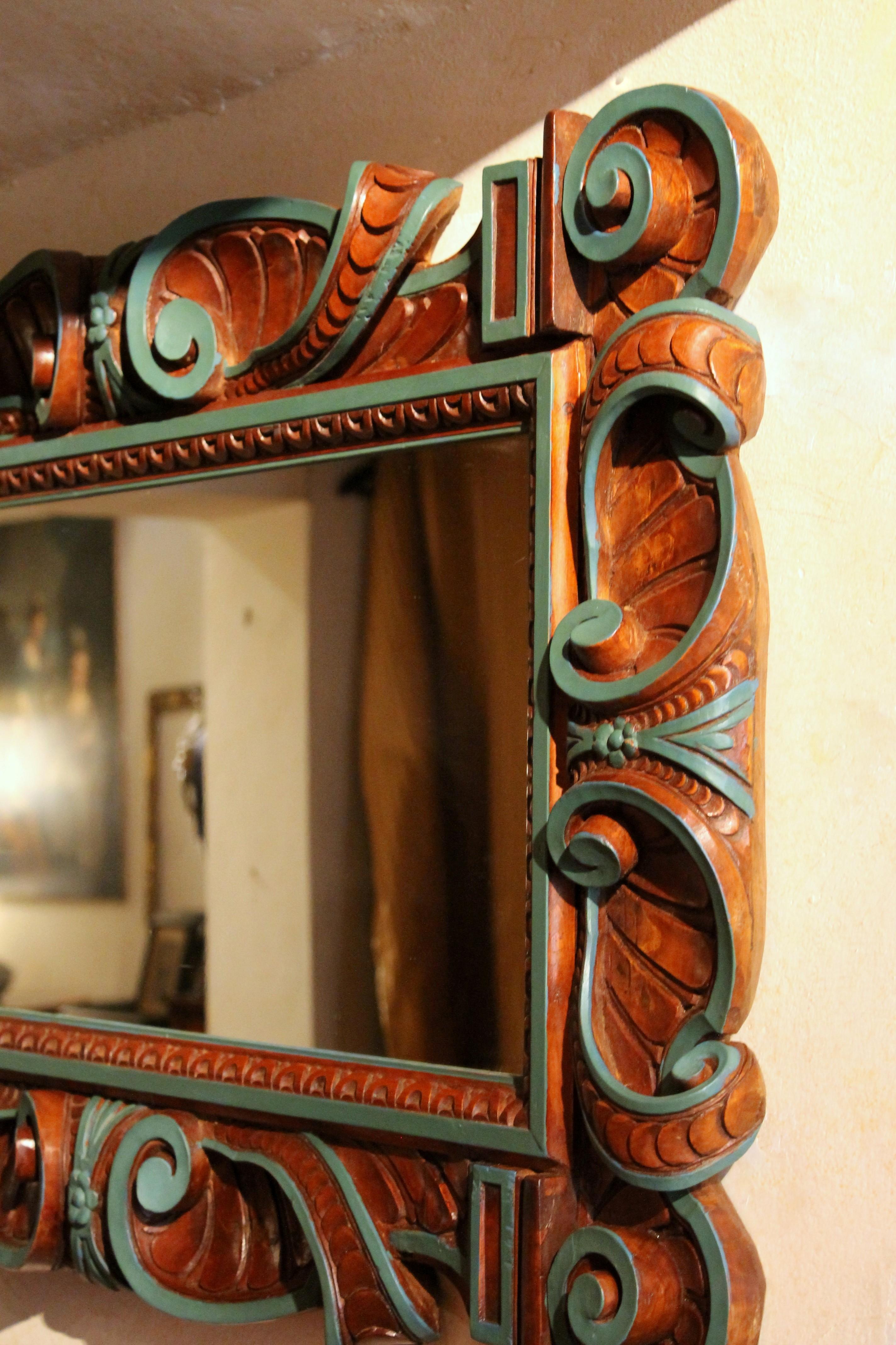 Italian Renaissance Revival Style Frame Mirror Carved and Lacquer Walnut Wood For Sale 1