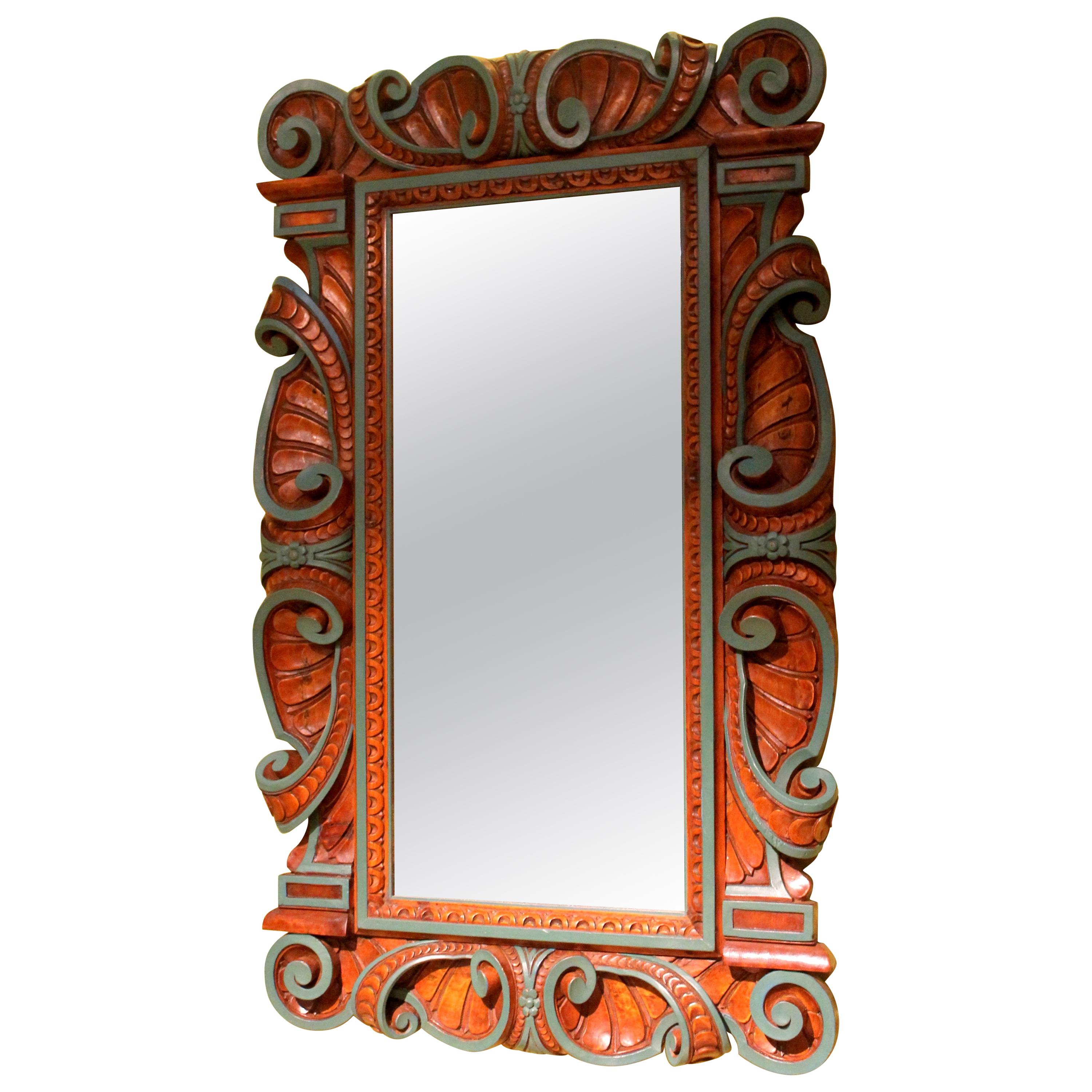 Italian Renaissance Revival Style Frame Mirror Carved and Lacquer Walnut Wood For Sale