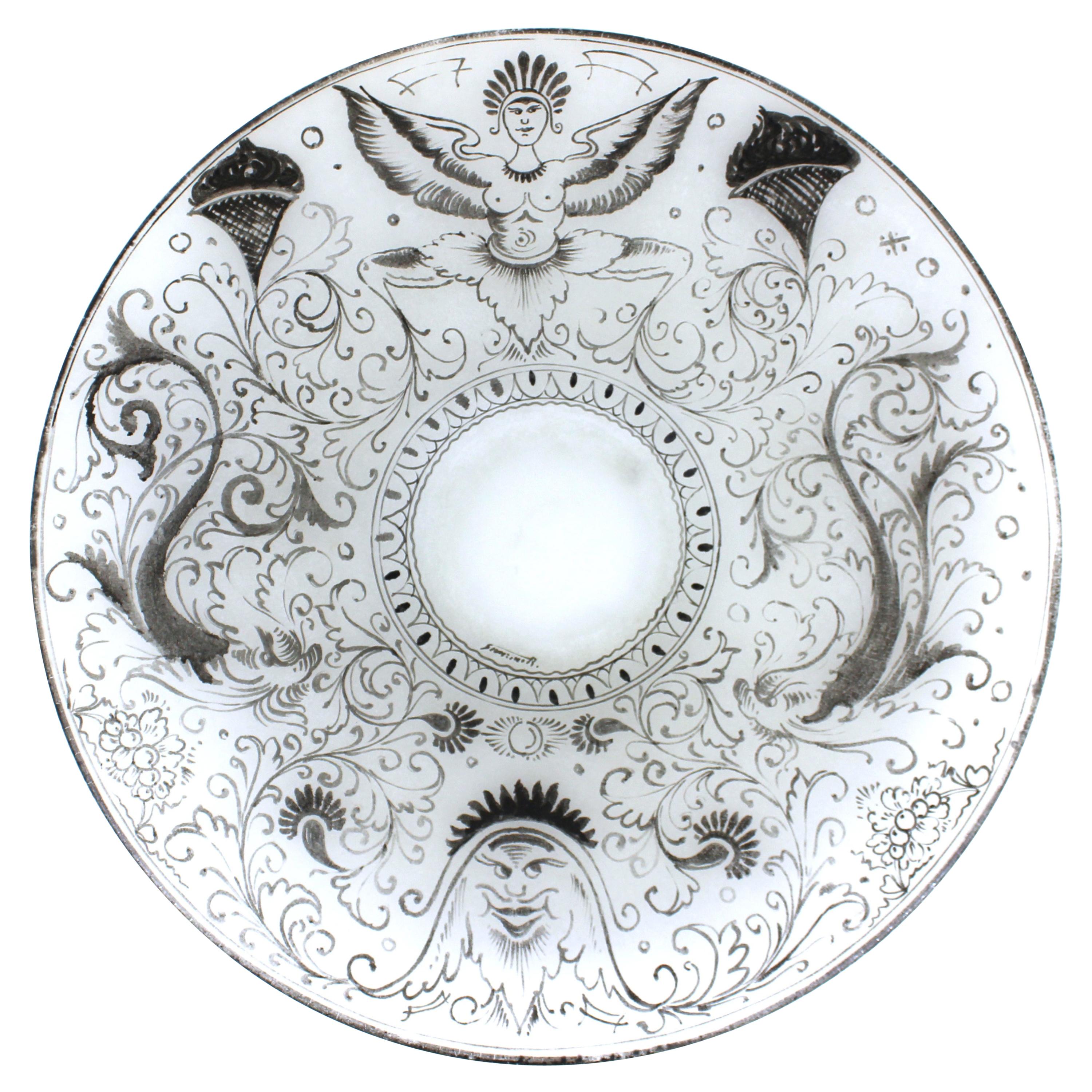 Italian Renaissance Revival Style Painted Glass Charger Plate For Sale