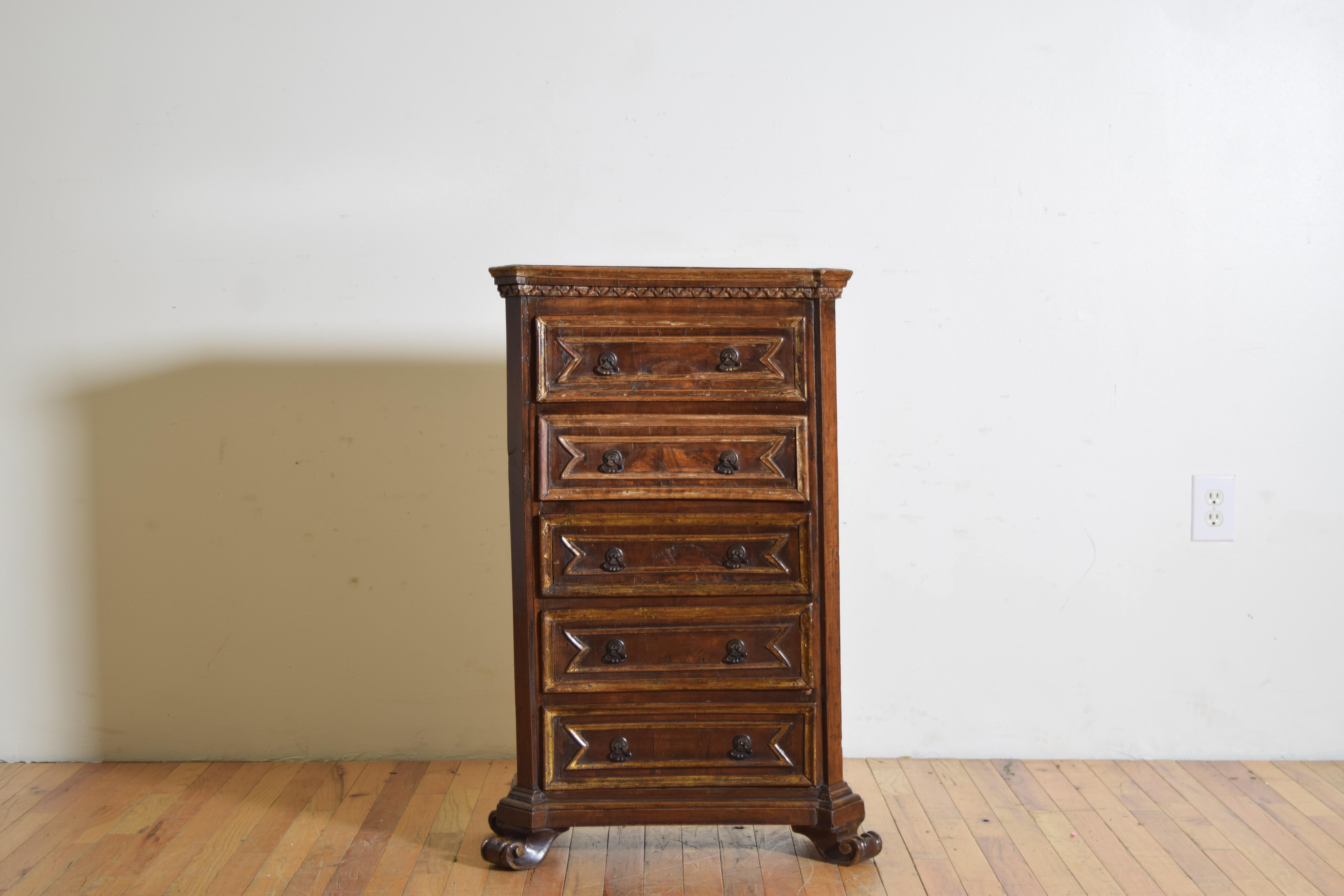 19th Century Italian Renaissance Revival Walnut & Giltwood 5-drawer Comodino, late 19th cen.