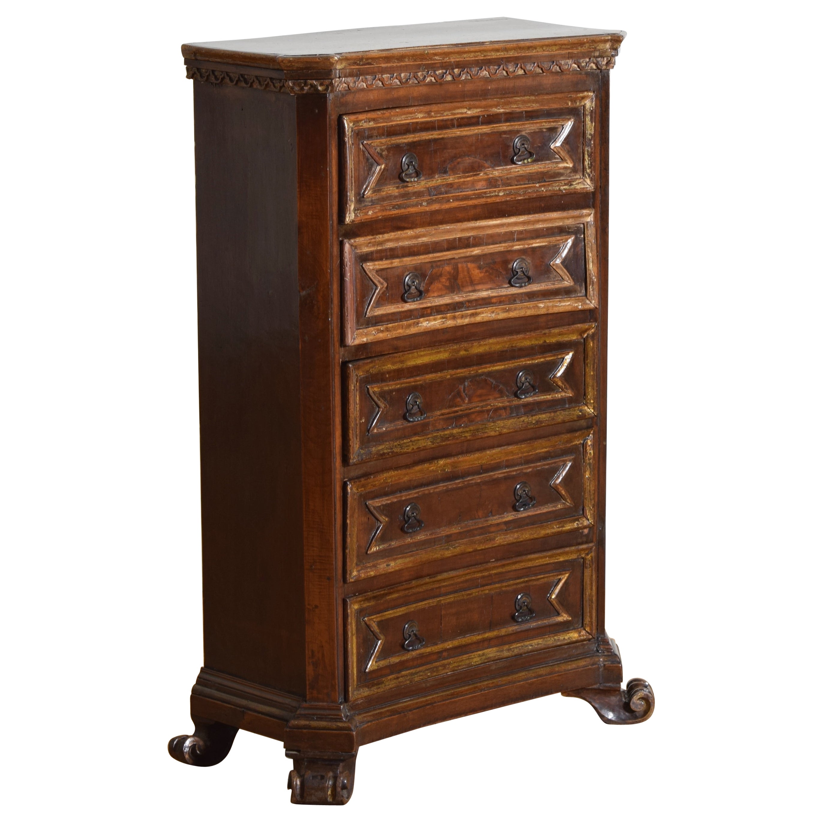 Italian Renaissance Revival Walnut & Giltwood 5-drawer Comodino, late 19th cen.