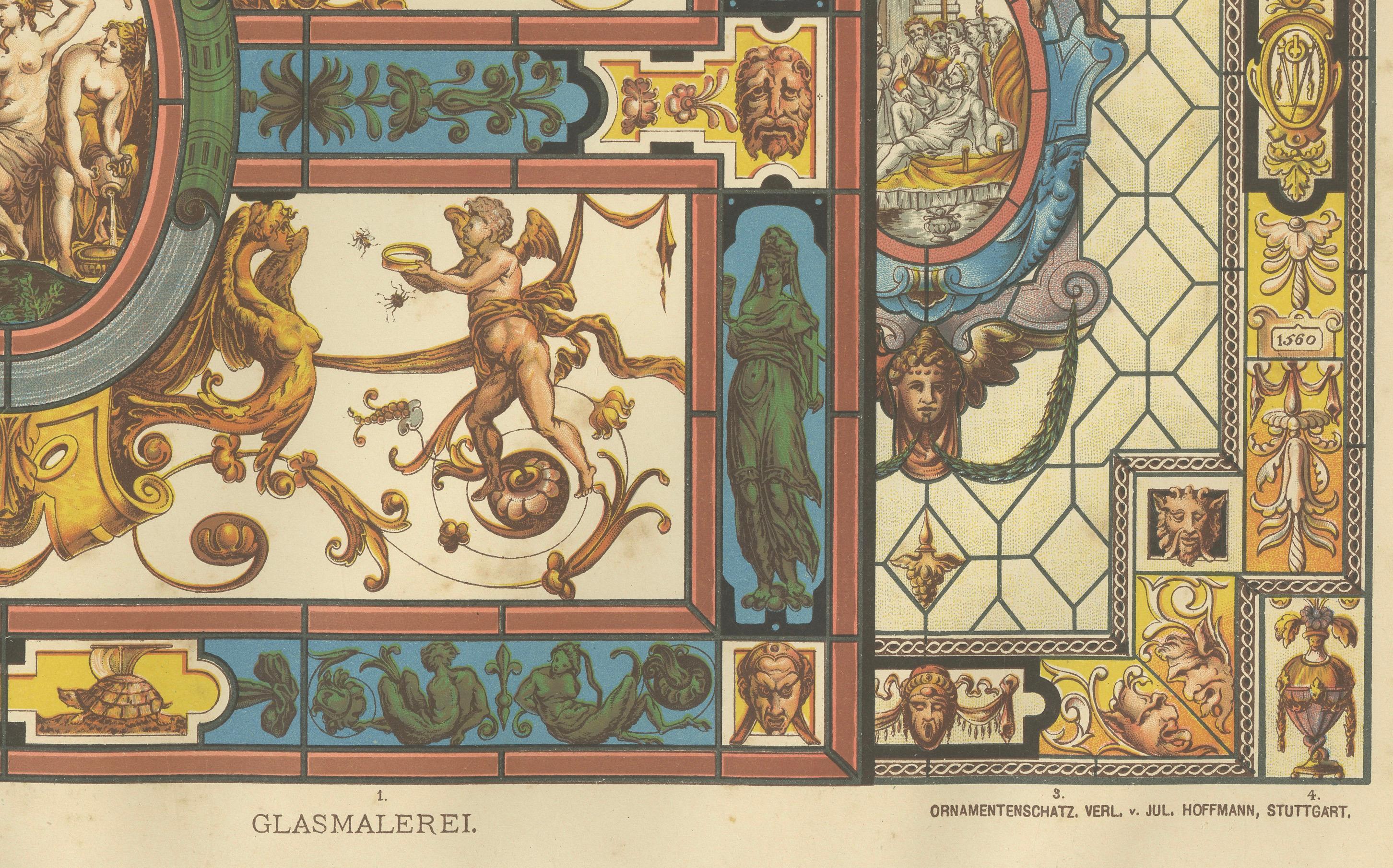 Italian Renaissance Stained Glass Design Print from Ornamentenschatz, 19th Century

This vibrant 19th-century chromolithograph captures the essence of Italian Renaissance glass painting, drawn from historical originals and reimagined for the