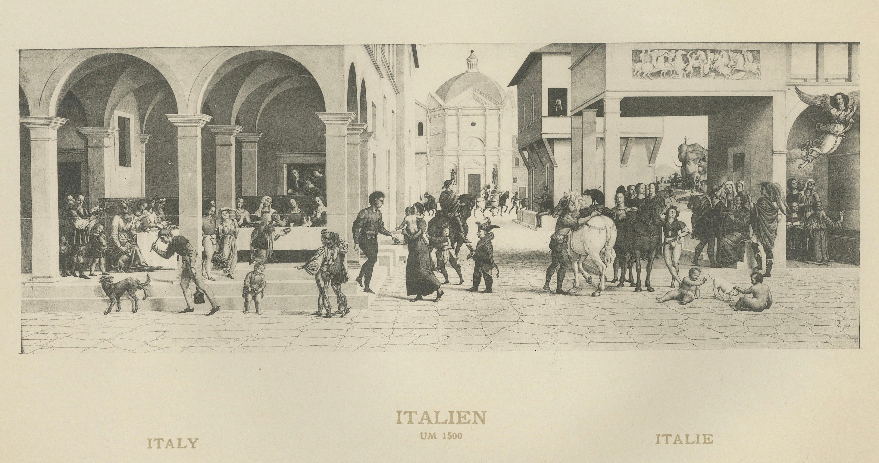 Italian Renaissance Street Scenes — Set of 2 Decorative Engravings, ca.1880
