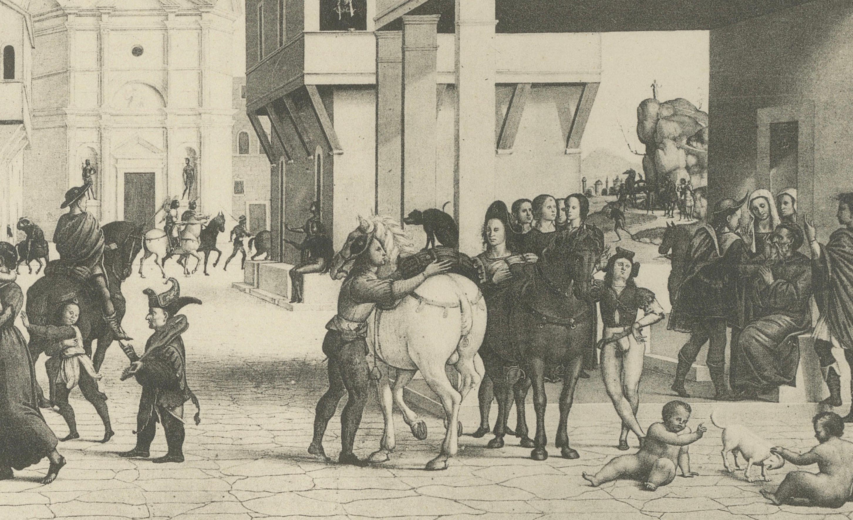 Italian Renaissance Street Scenes — Set of 2 Decorative Engravings, ca.1880