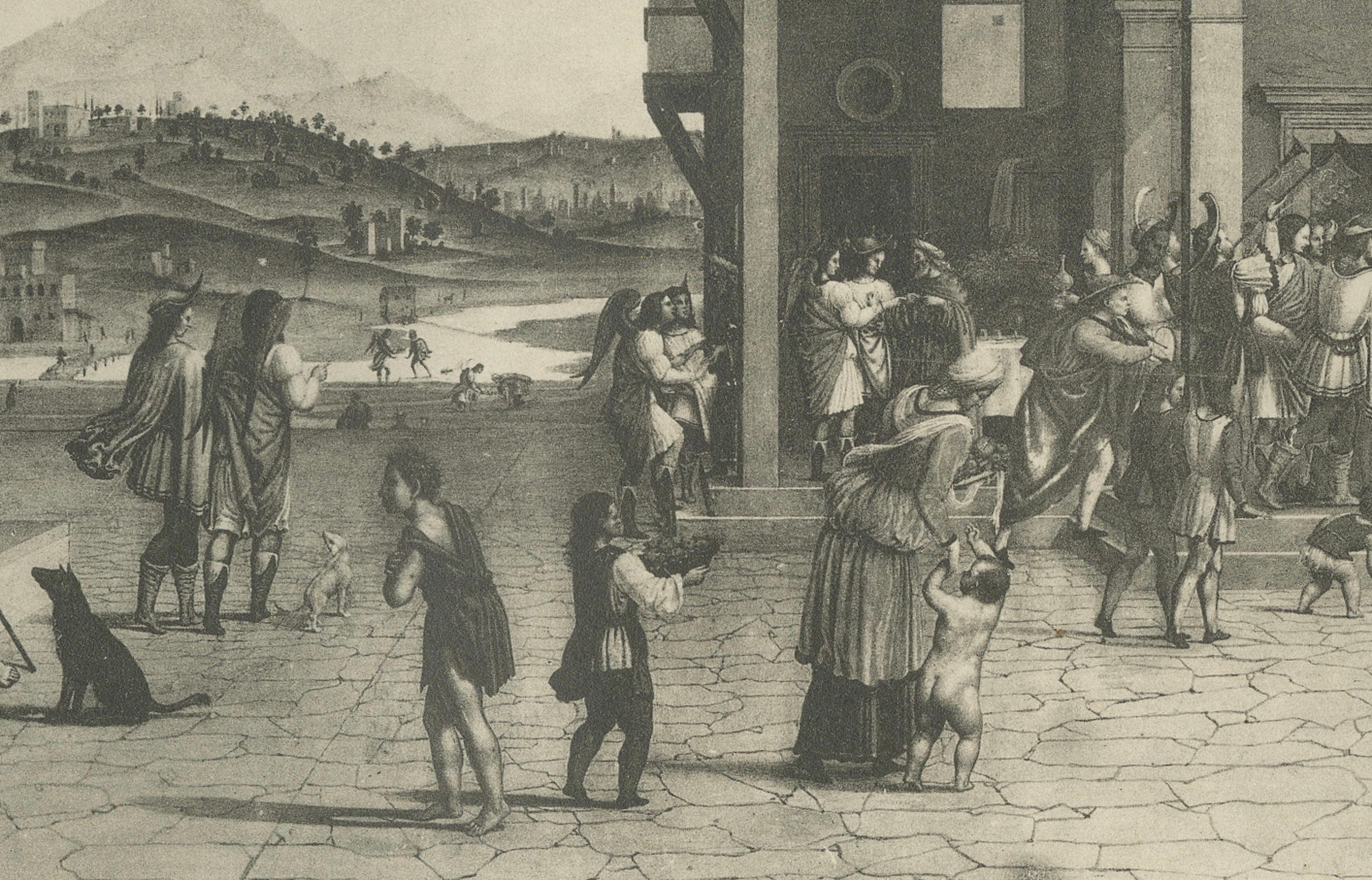 Italian Renaissance Street Scenes — Set of 2 Decorative Engravings, ca.1880