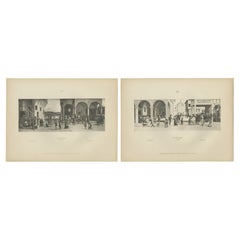 Italian Renaissance Street Scenes — Set of 2 Decorative Engravings, ca.1880