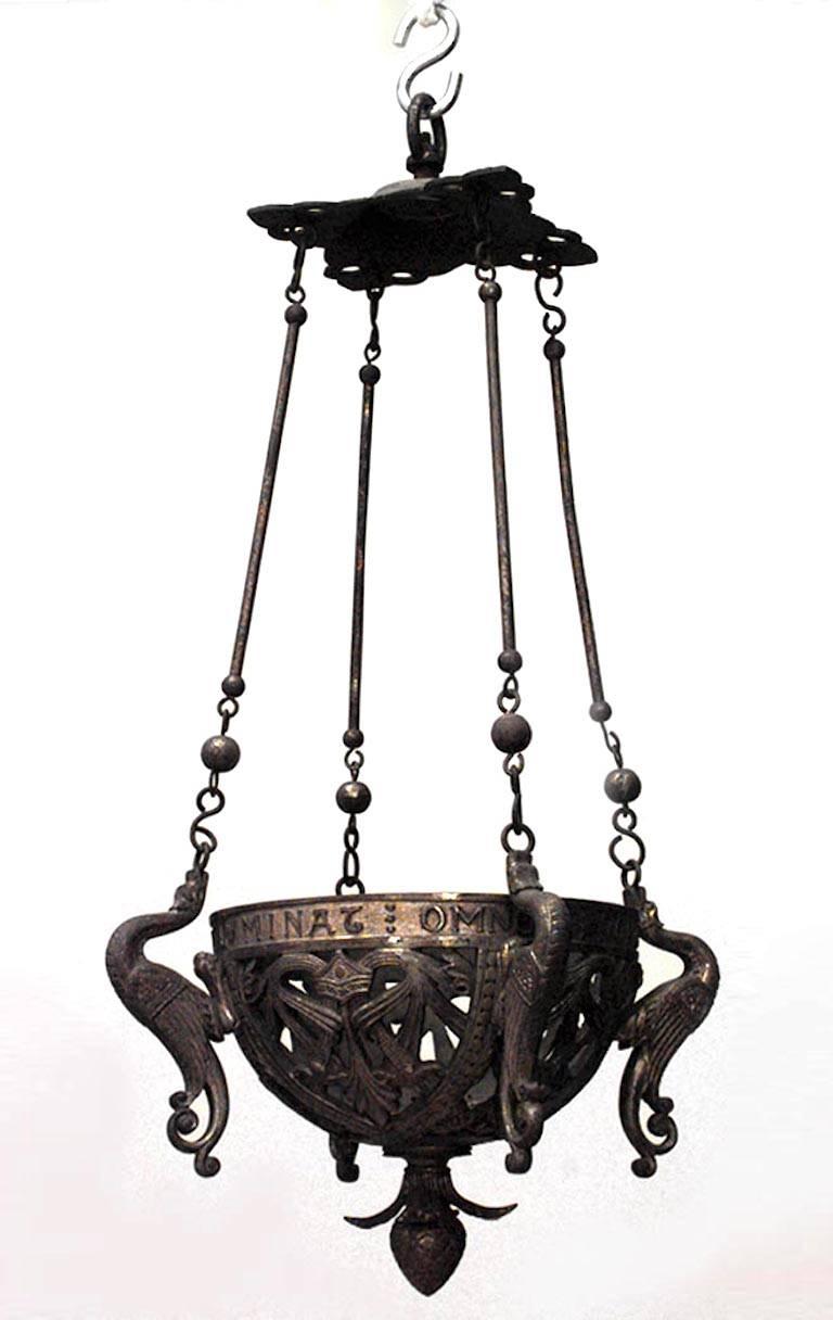 Italian Renaissance-style (19th Century) bronze dore filigree sanctuary fixture with 4 griffin supports.
