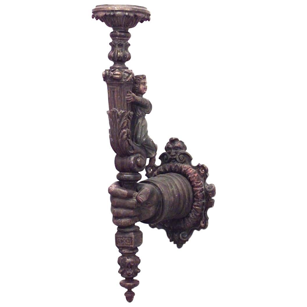 Italian Renaissance Carved Wooden Arm Shaped Wall Sconces For Sale