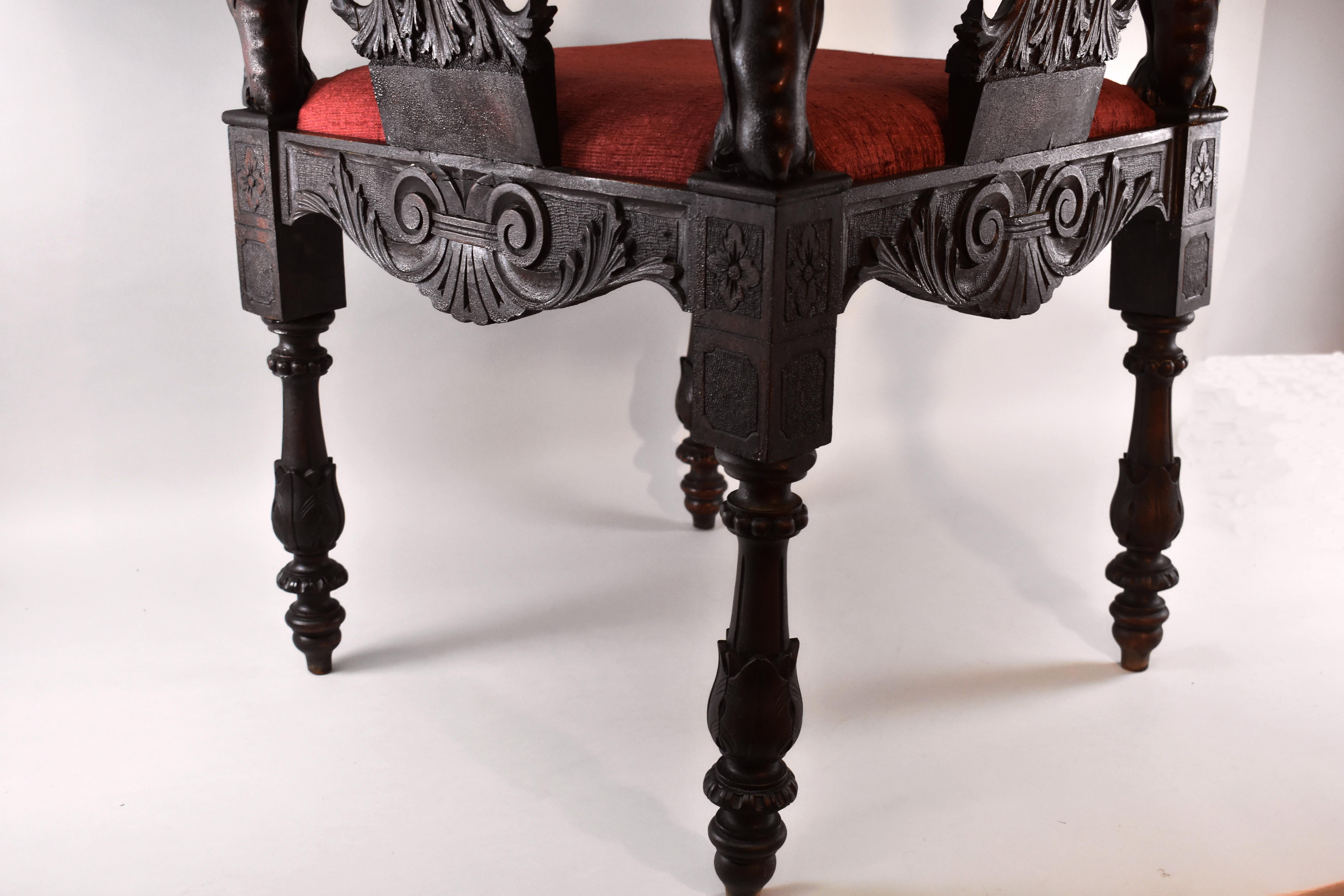 High Victorian Italian Renaissance Style 19th Century Carved Mahogany Corner Chair For Sale