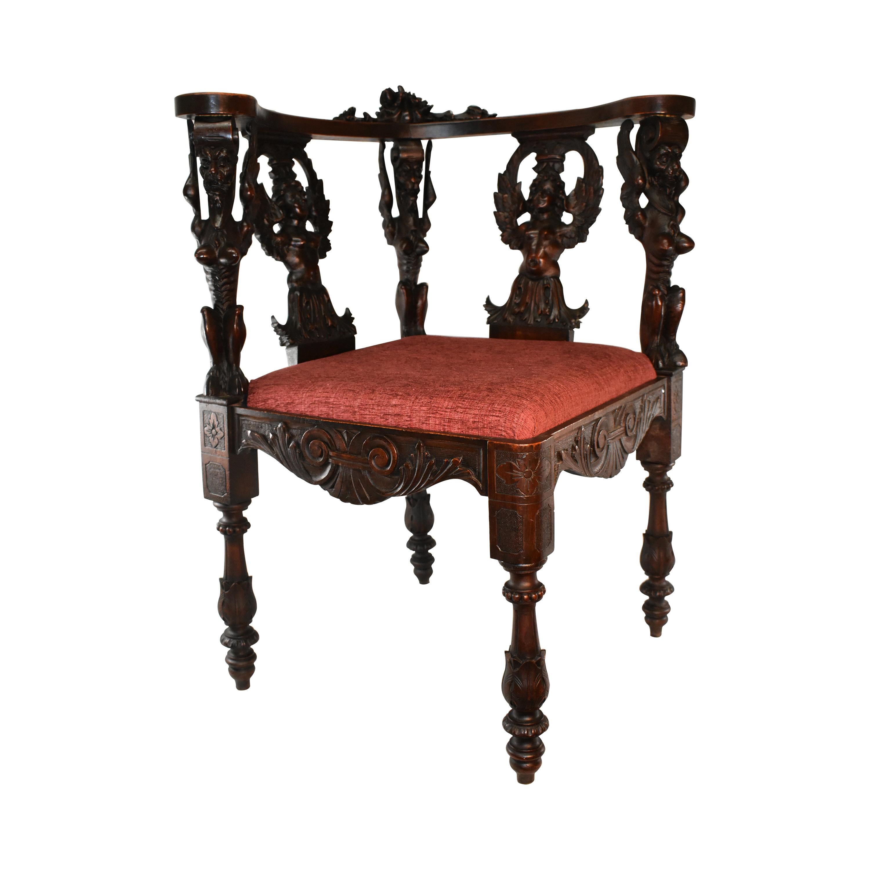 Italian Renaissance Style 19th Century Carved Mahogany Corner Chair For Sale