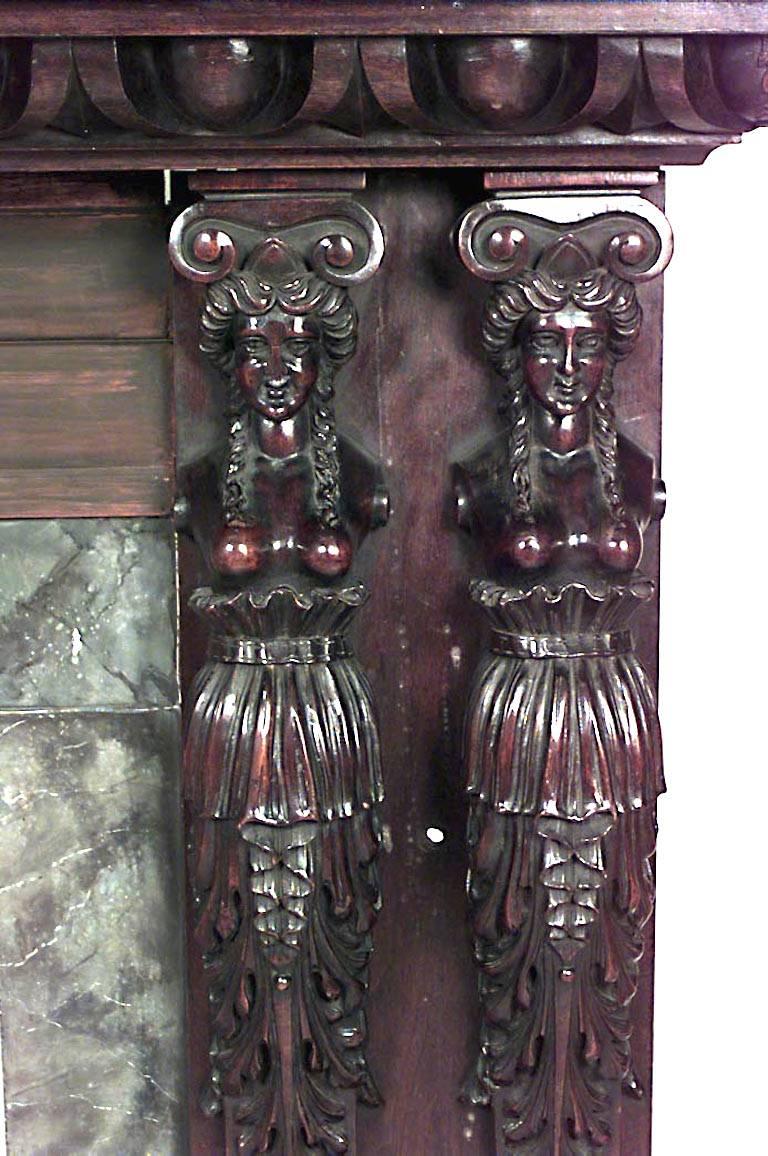 Italian Renaissance-style (19th Century) large carved walnut fireplace mantel with double caryatid figures at either side.
