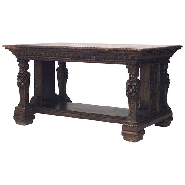 19th Century Italian Renaissance Oak Library Table With Carved Heads 19th-century-italian-renaissance-oak-library-table-with-carved-heads