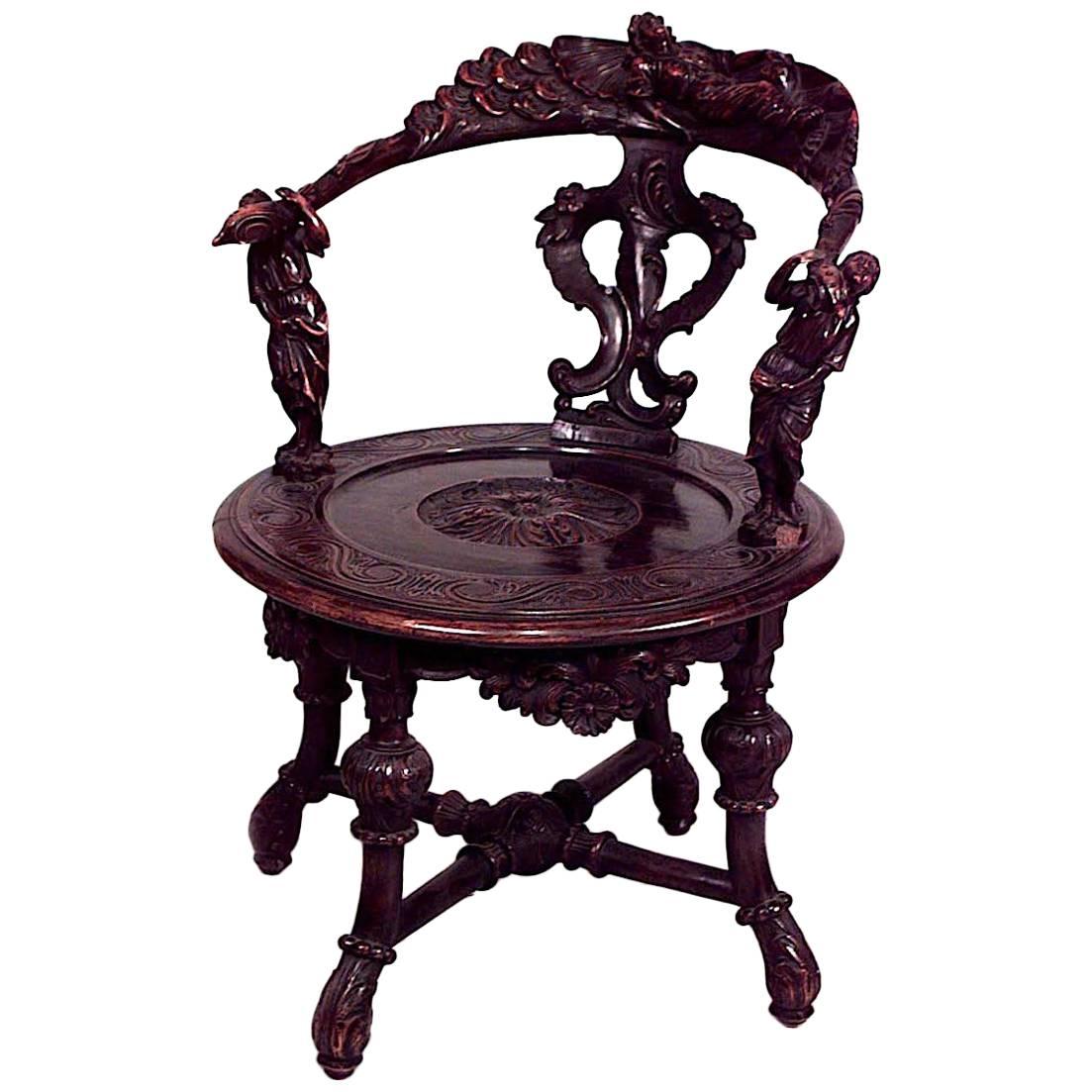 Italian Renaissance Style Round Back Walnut Armchair For Sale