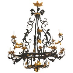 Lustre en fer à 18 lumières de style Renaissance italienne du 20e siècle