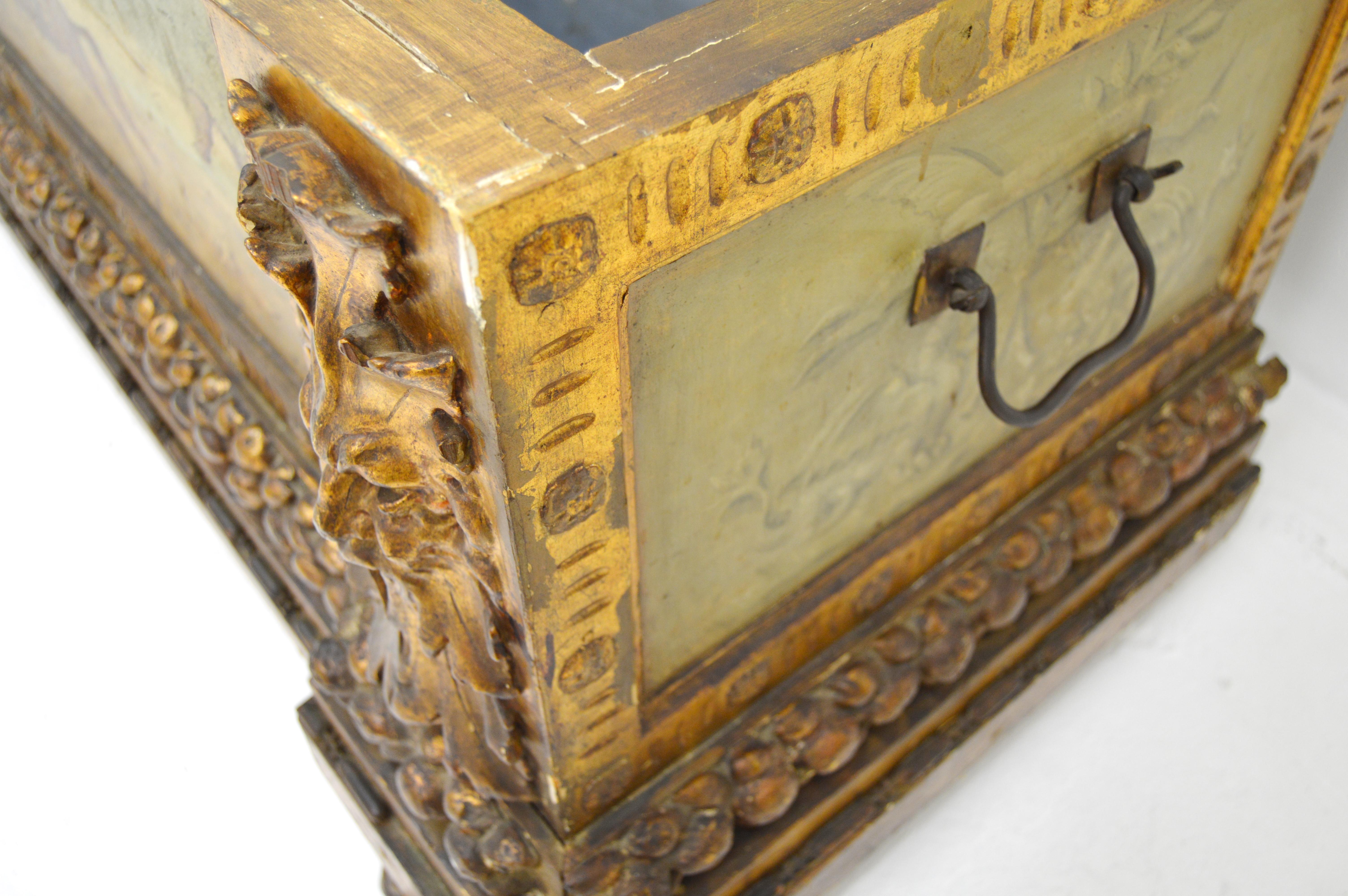 Italian Renaissance Style Carved and painted Florentine Cassone Floor Trunk For Sale 5