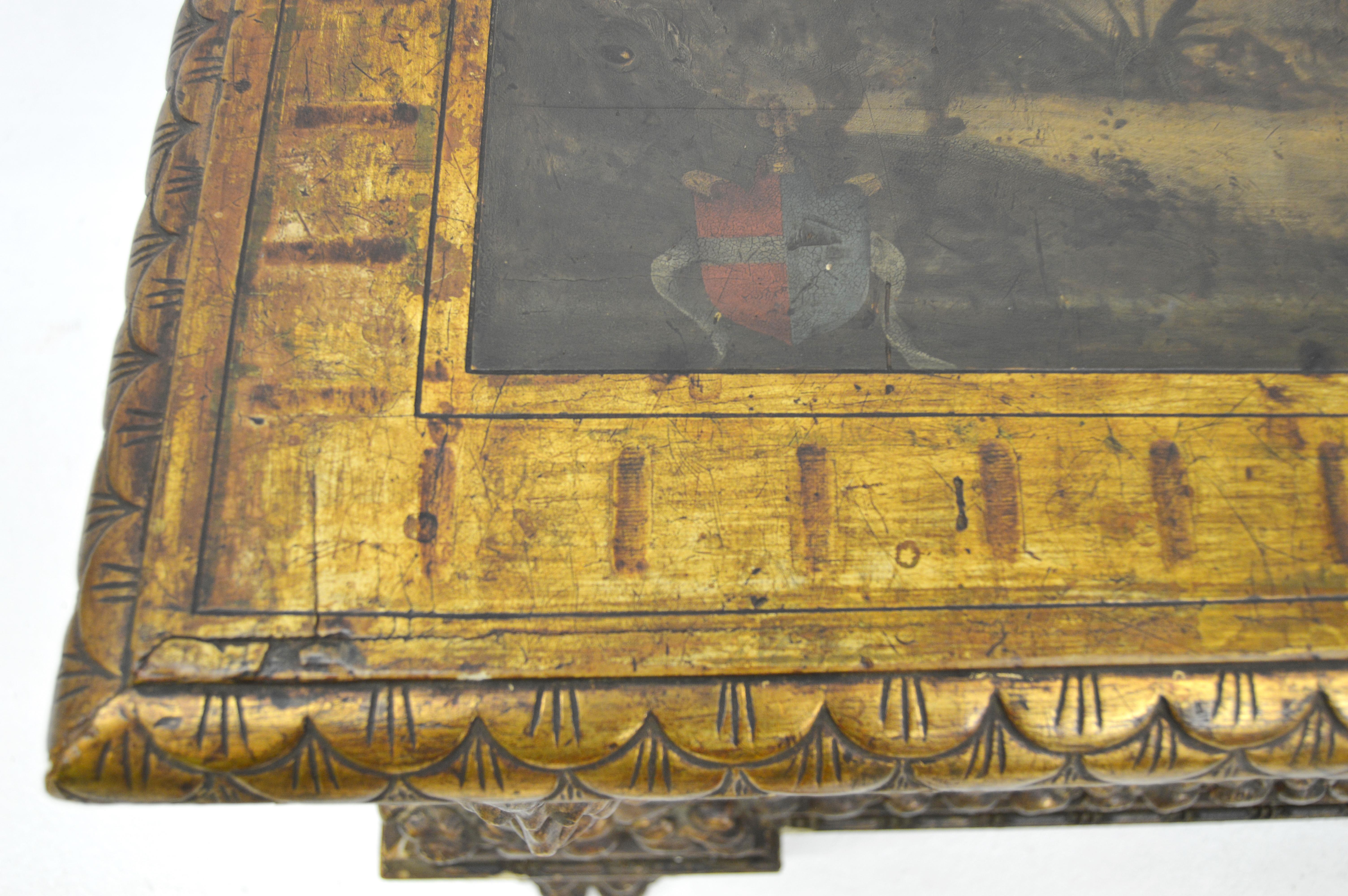 Italian Renaissance Style Carved and painted Florentine Cassone Floor Trunk For Sale 7
