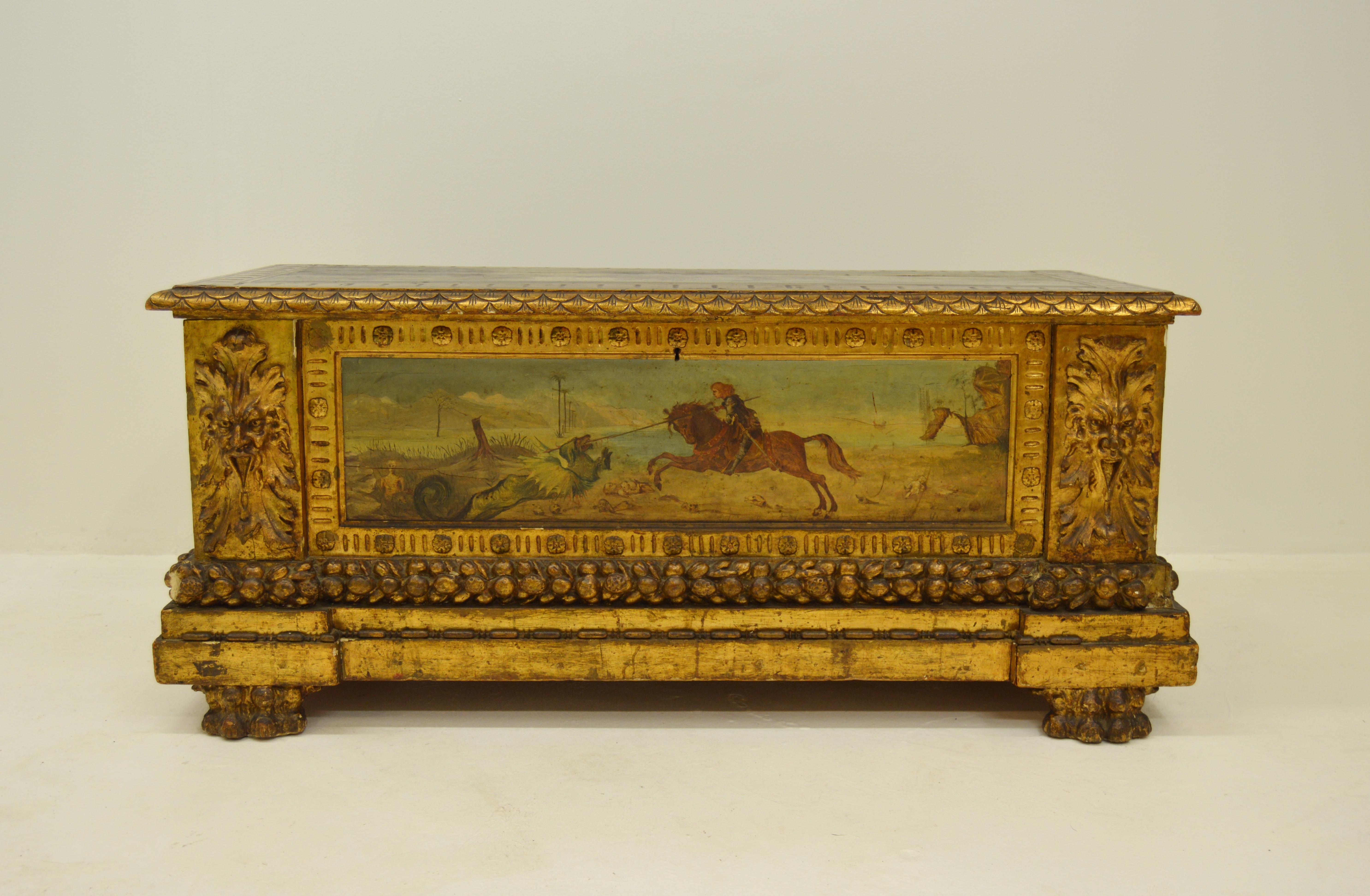 Chest from Florence. Made in the 19th century in style to resemble the original made a few centuries earlier. Painted decor with Saint George fighting against the dragon. A quality item with slight wear and a few minor parts missing, which is not