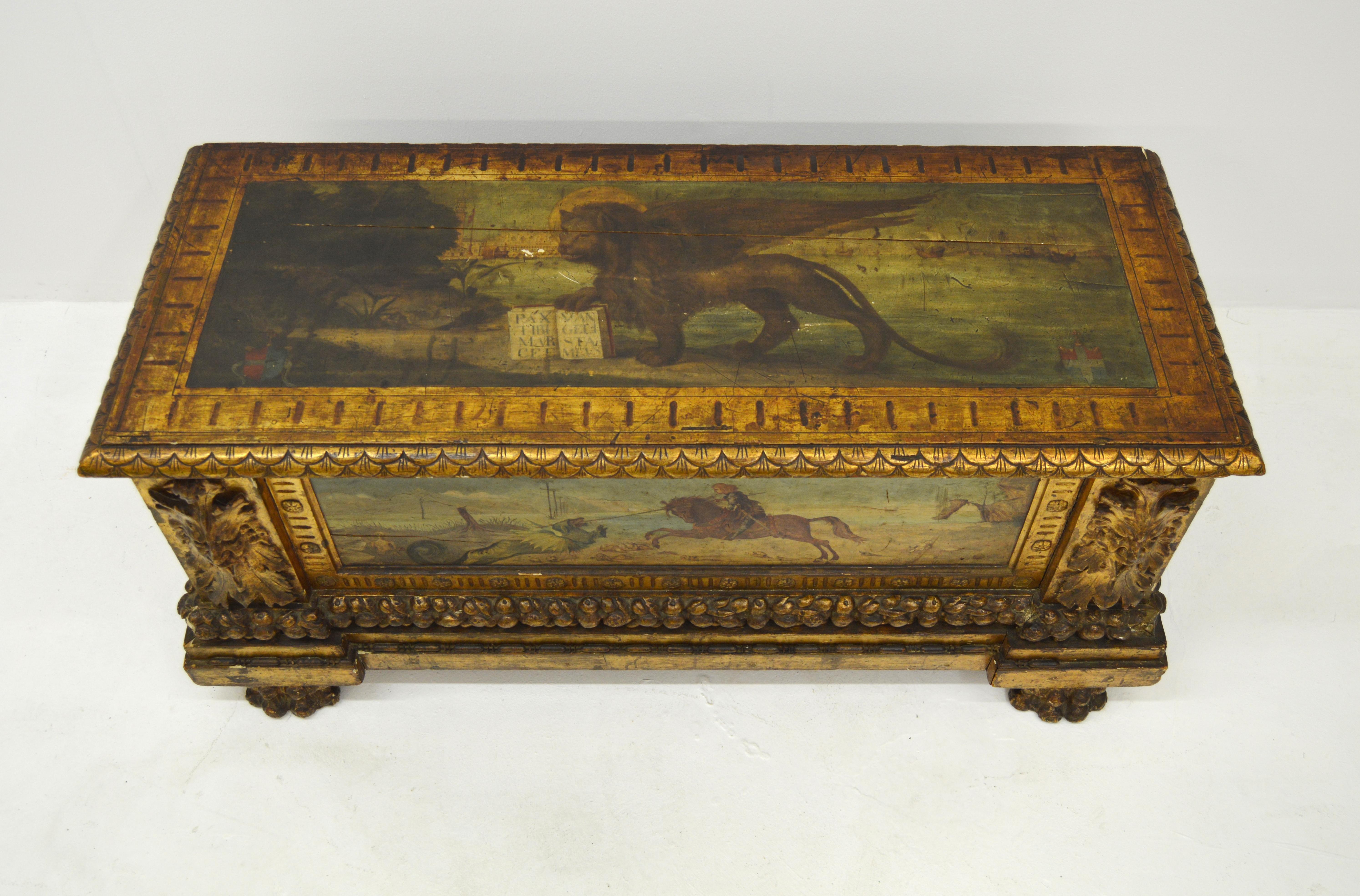 Wood Italian Renaissance Style Carved and painted Florentine Cassone Floor Trunk For Sale