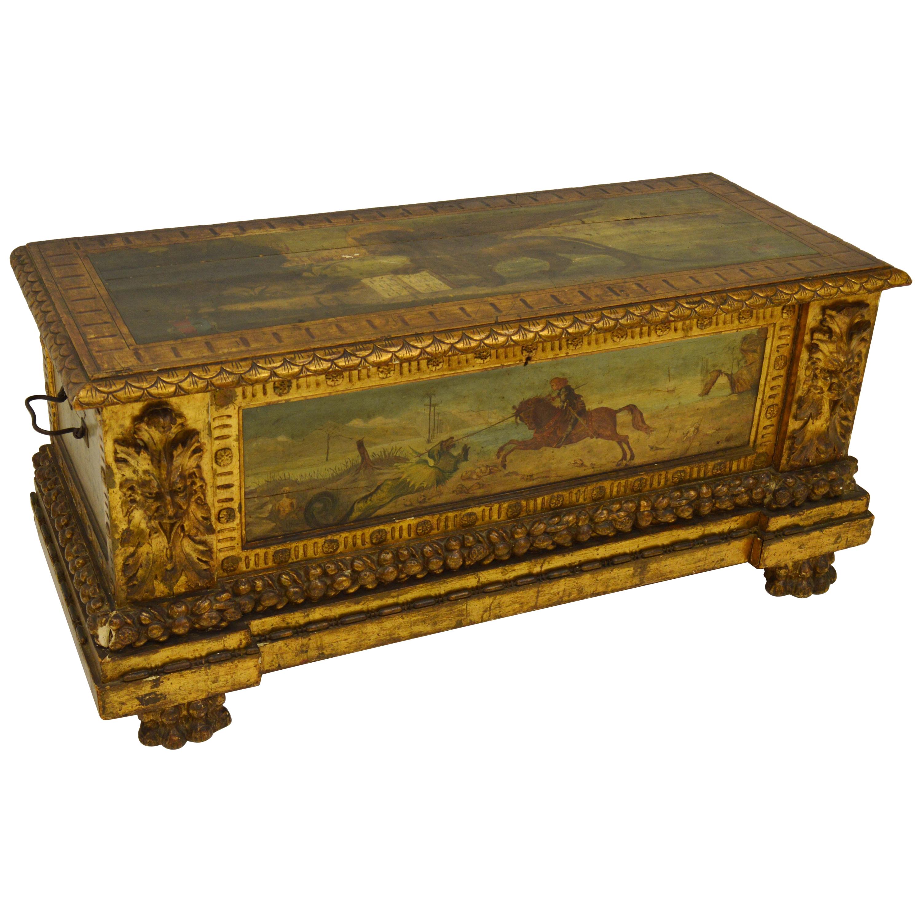 Italian Renaissance Style Carved and painted Florentine Cassone Floor Trunk For Sale