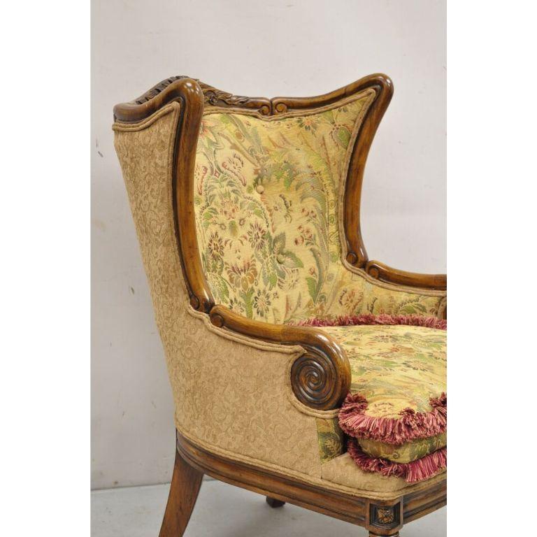 20th Century Italian Renaissance Style Carved Wingback Upholstered Armchair For Sale