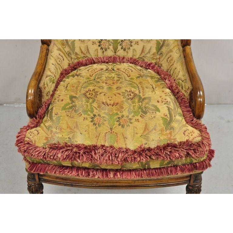Italian Renaissance Style Carved Wingback Upholstered Armchair For Sale 3
