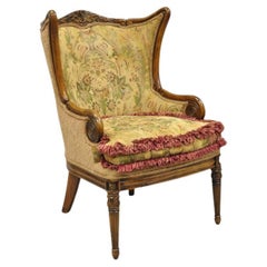Retro Italian Renaissance Style Carved Wingback Upholstered Armchair