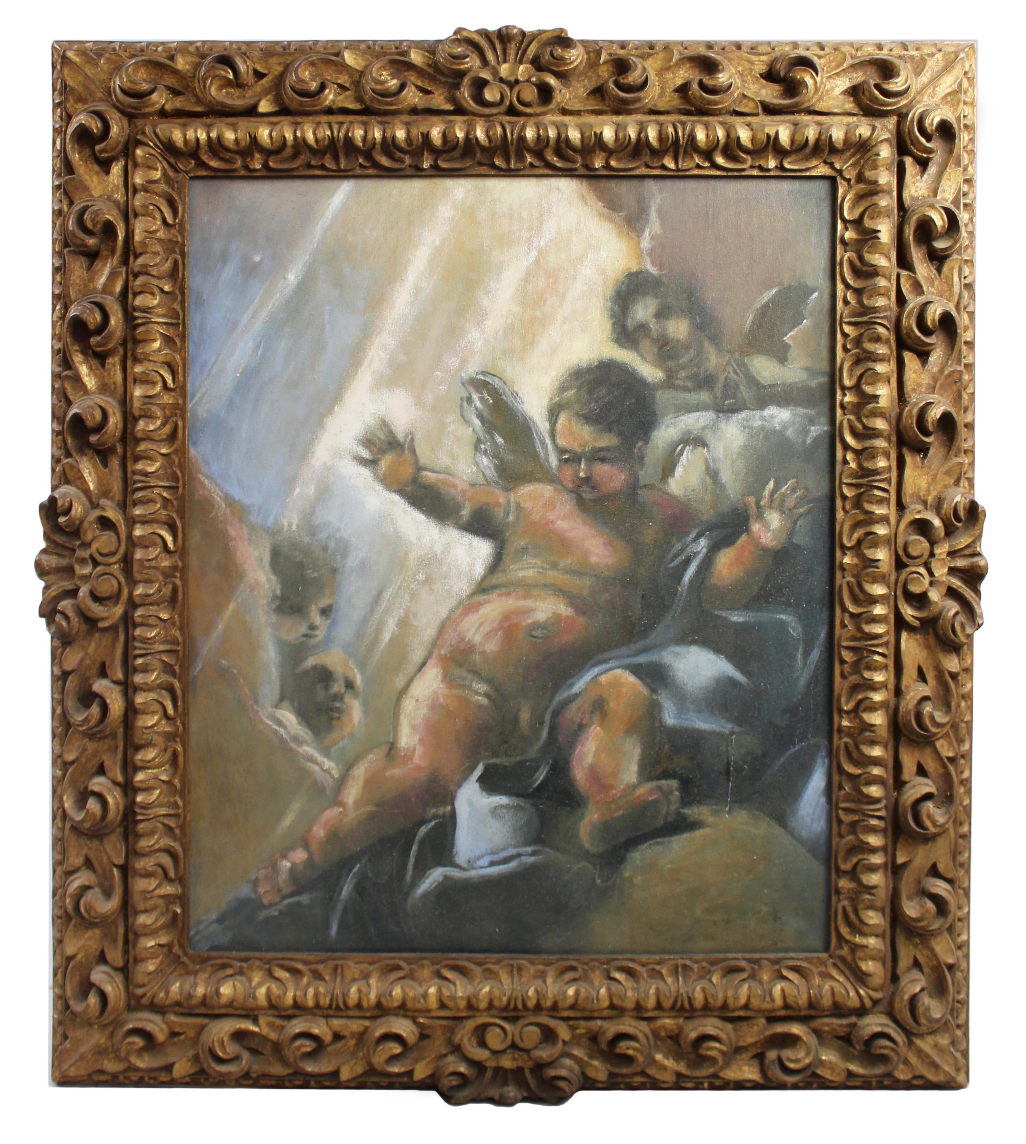 Italian Renaissance style cherub oil on canvas giltwood frame


Period Mid/late 20th c., Italian

Artist unsigned

Medium oil on canvas

Frame set in quality carved giltwood picture frame

Size frame measures 90 x 104 cm / 35 1/2 x 41