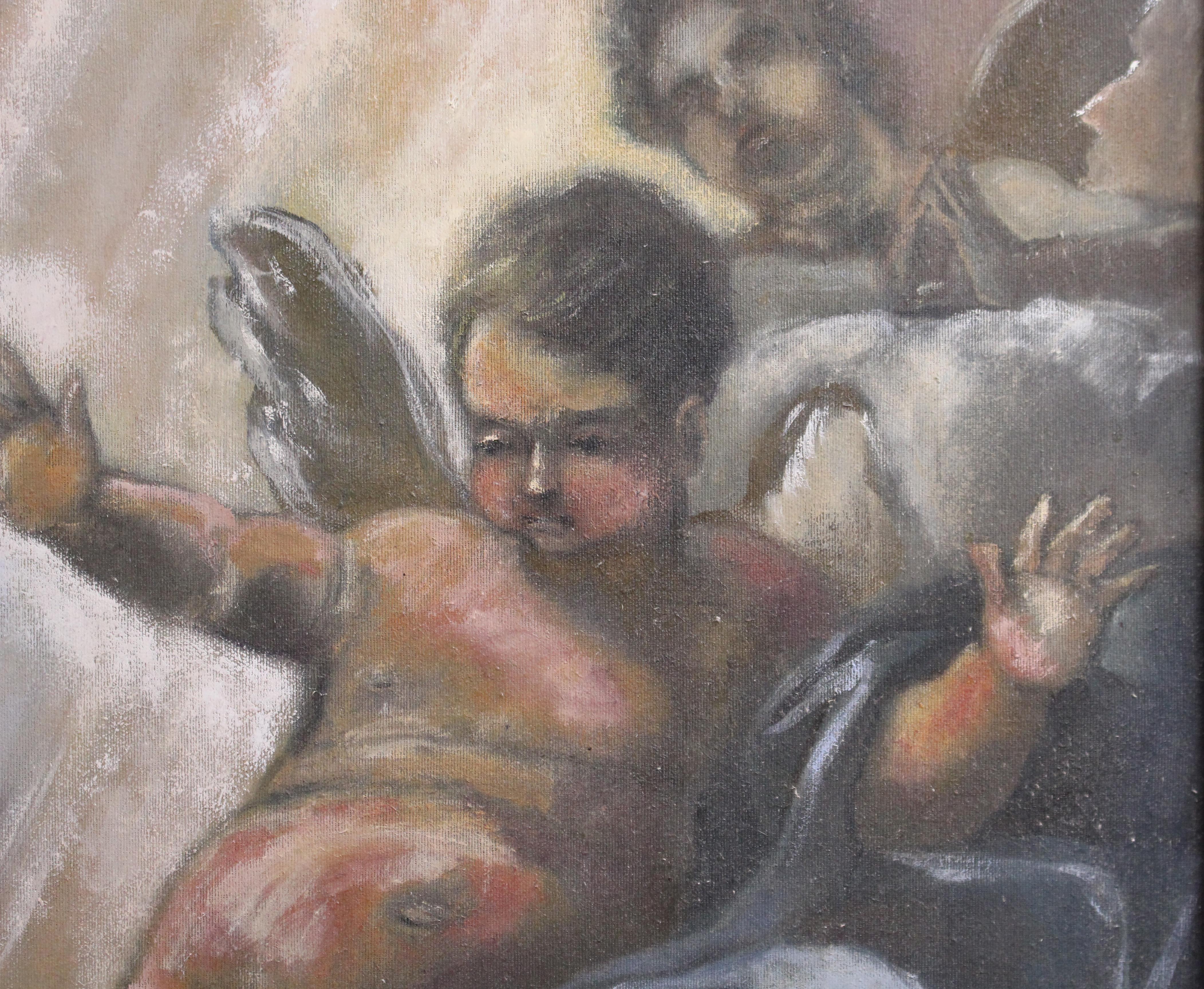 Painted Italian Renaissance Style Cherub Oil on Canvas Giltwood Frame
