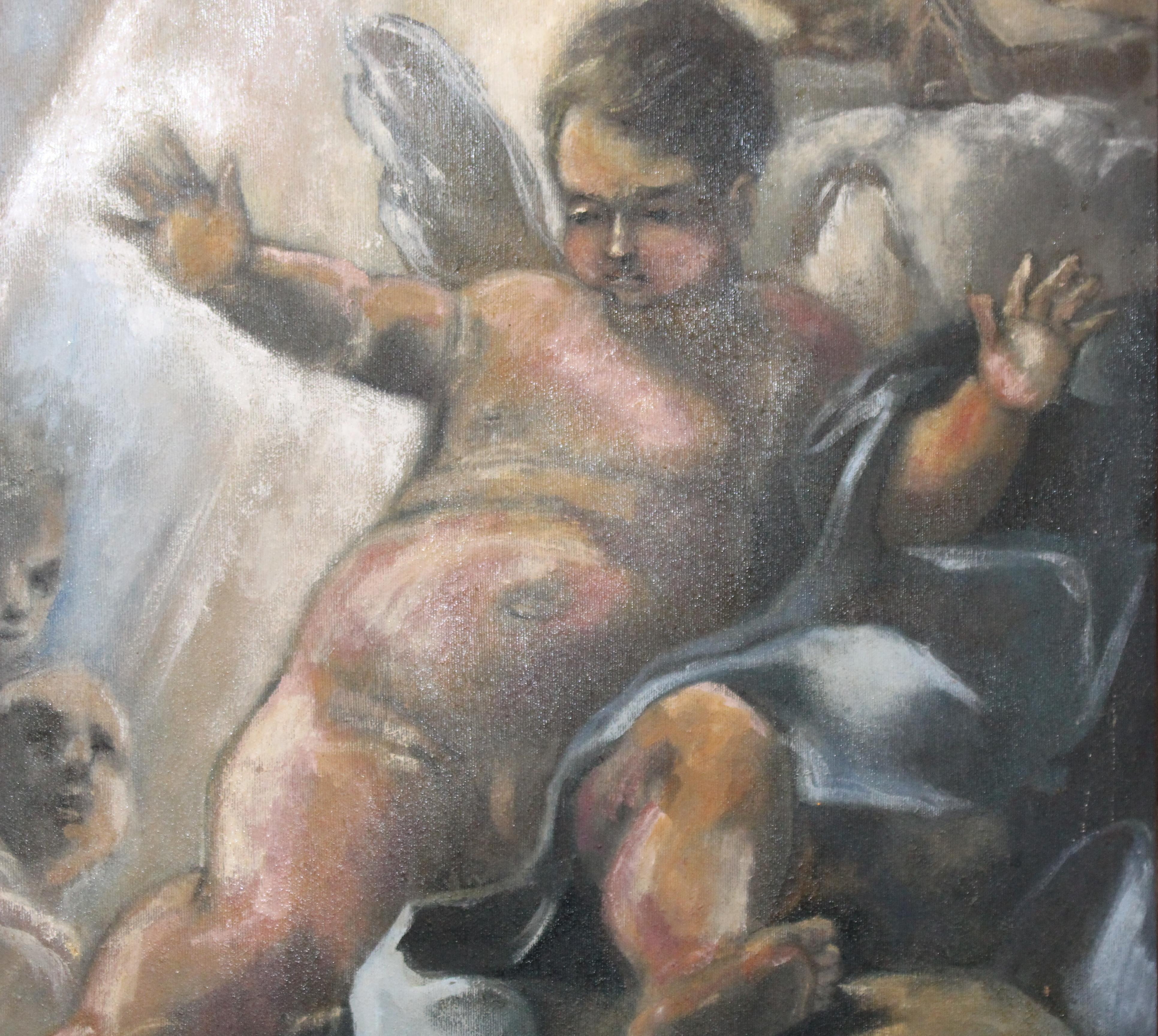 Italian Renaissance Style Cherub Oil on Canvas Giltwood Frame In Good Condition In Worcester, GB