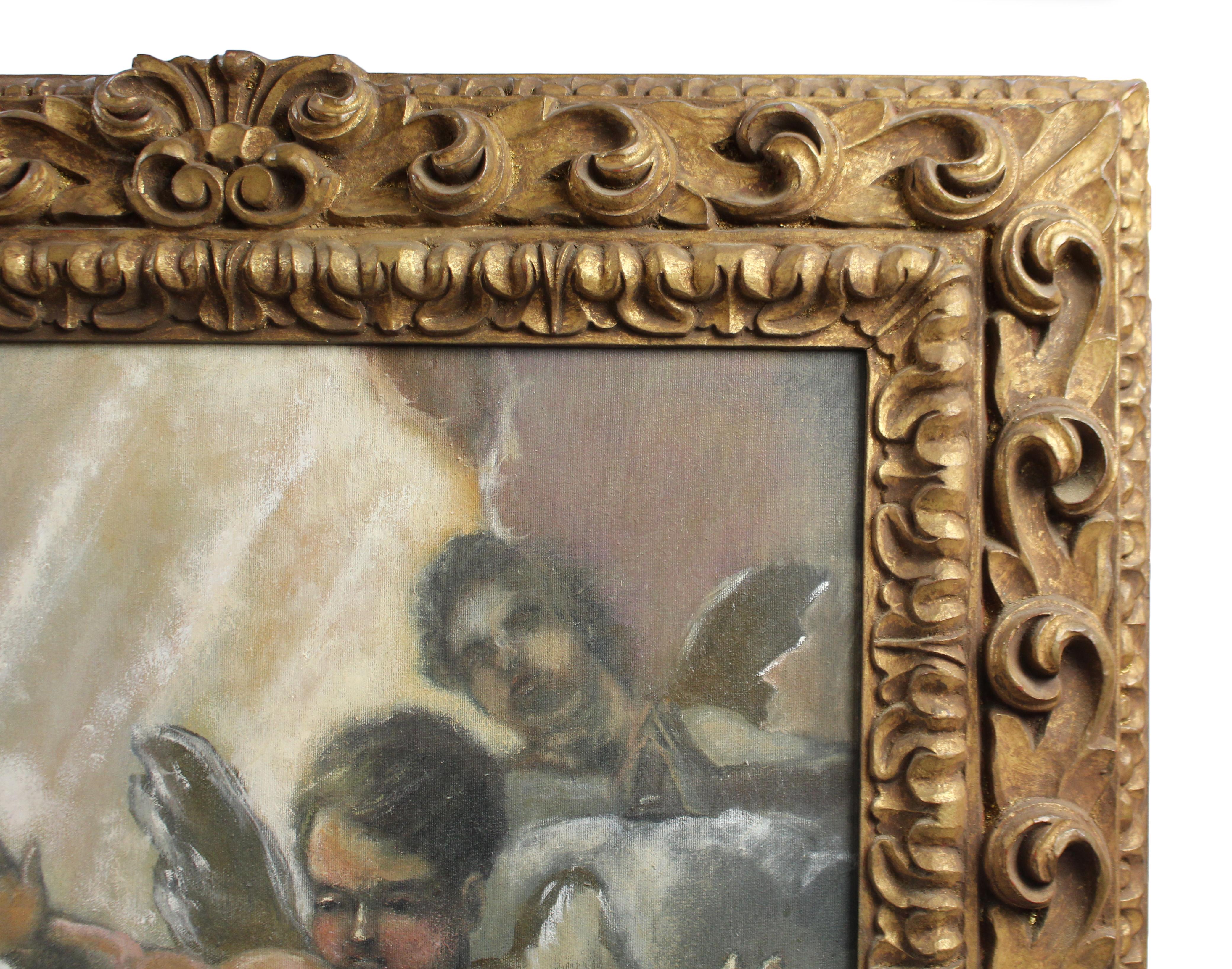 Italian Renaissance Style Cherub Oil on Canvas Giltwood Frame 1