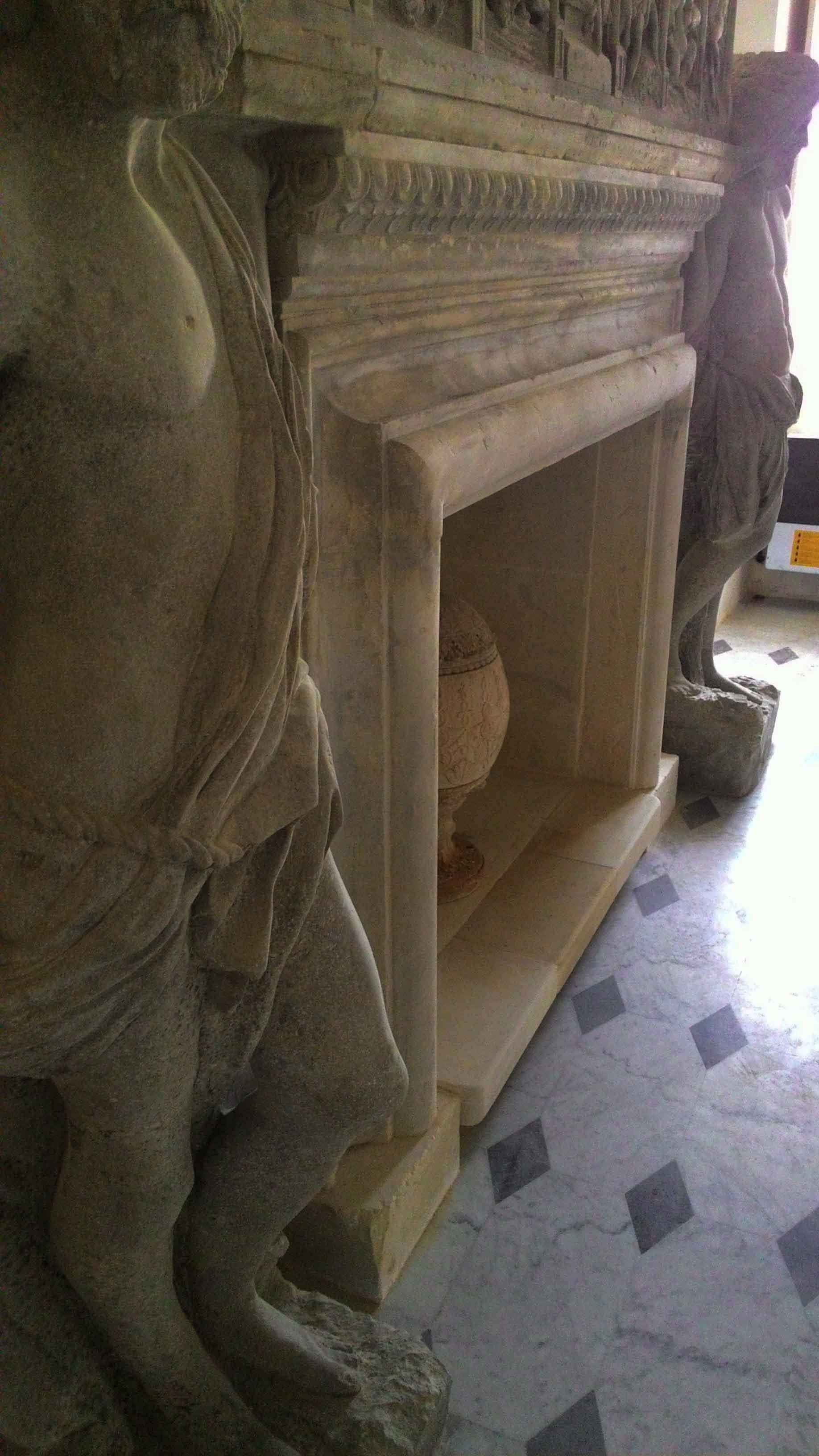 Italian Renaissance Style Fireplace, Gods, Monumental Hand-Carved in Limestone. For Sale 13