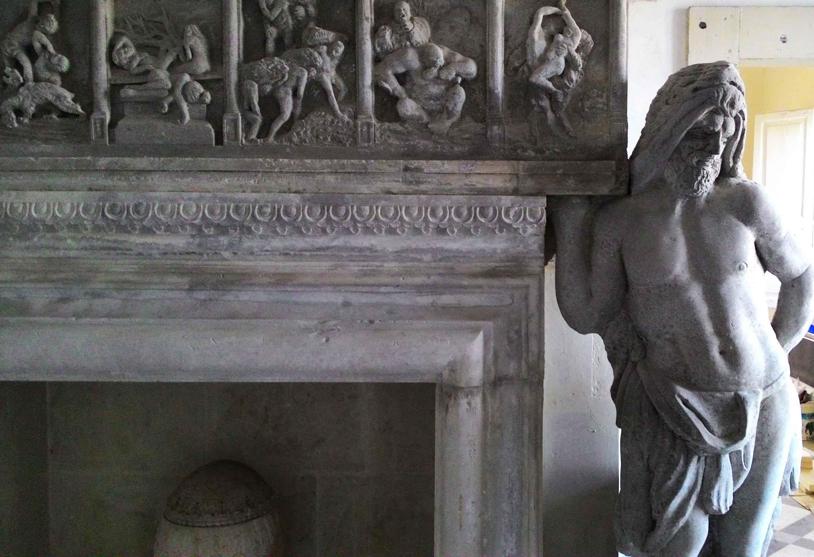 Italian Renaissance Style Fireplace, Gods, Monumental Hand-Carved in Limestone. For Sale 14