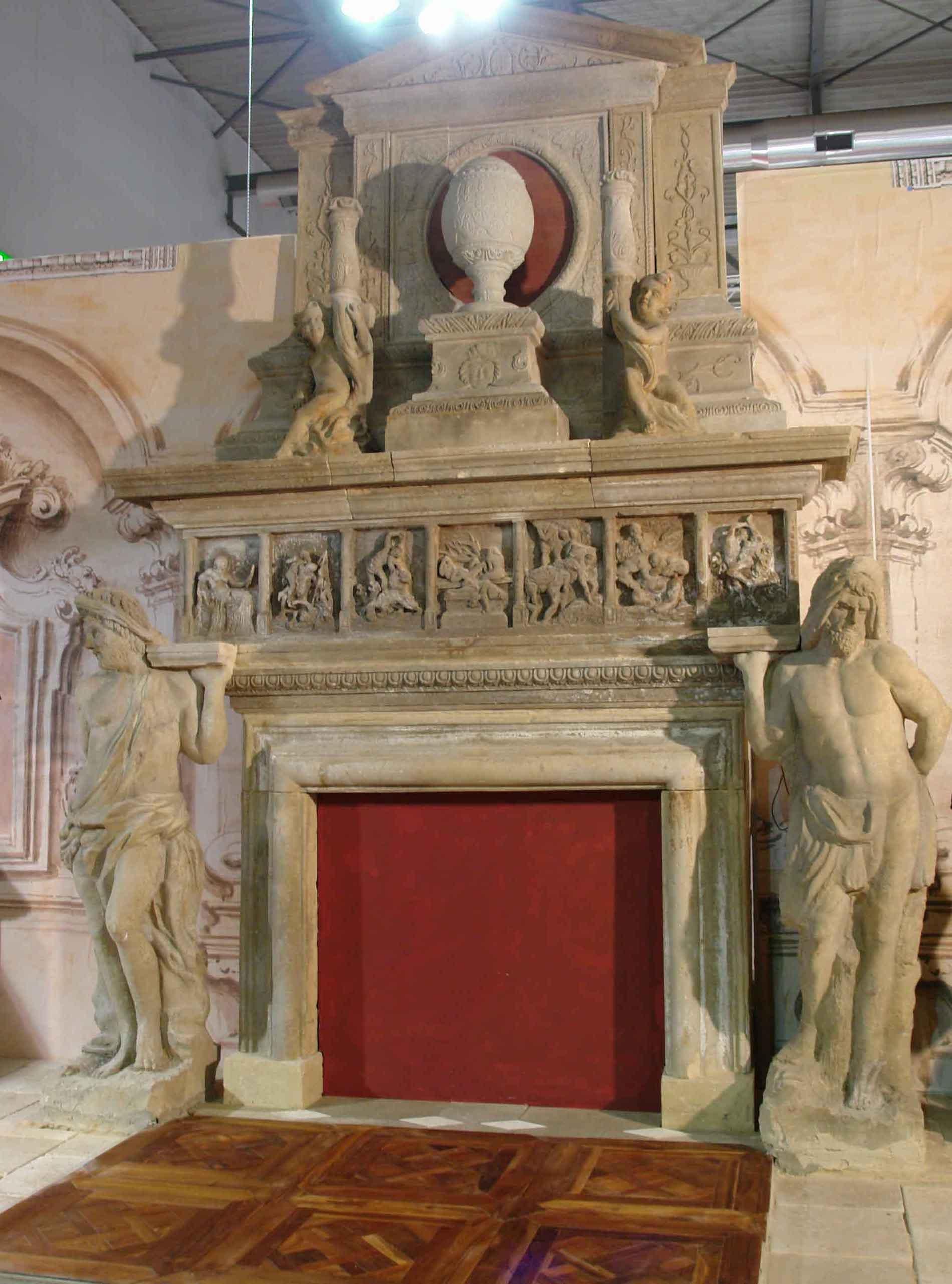 Italian Renaissance Style Fireplace, Gods, Monumental Hand-Carved in Limestone. For Sale 16