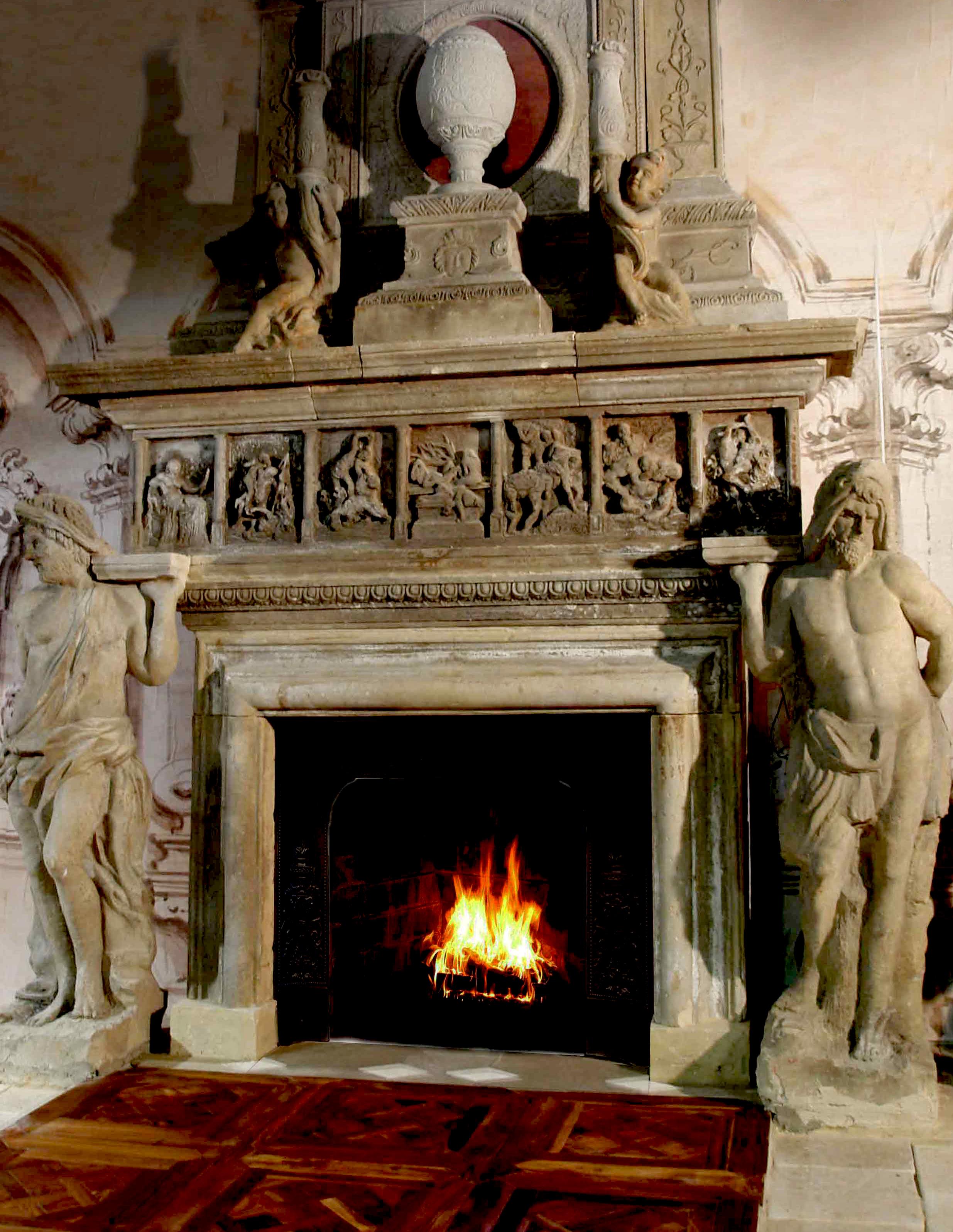 Italian Renaissance Style Fireplace, Gods, Monumental Hand-Carved in Limestone. For Sale 9