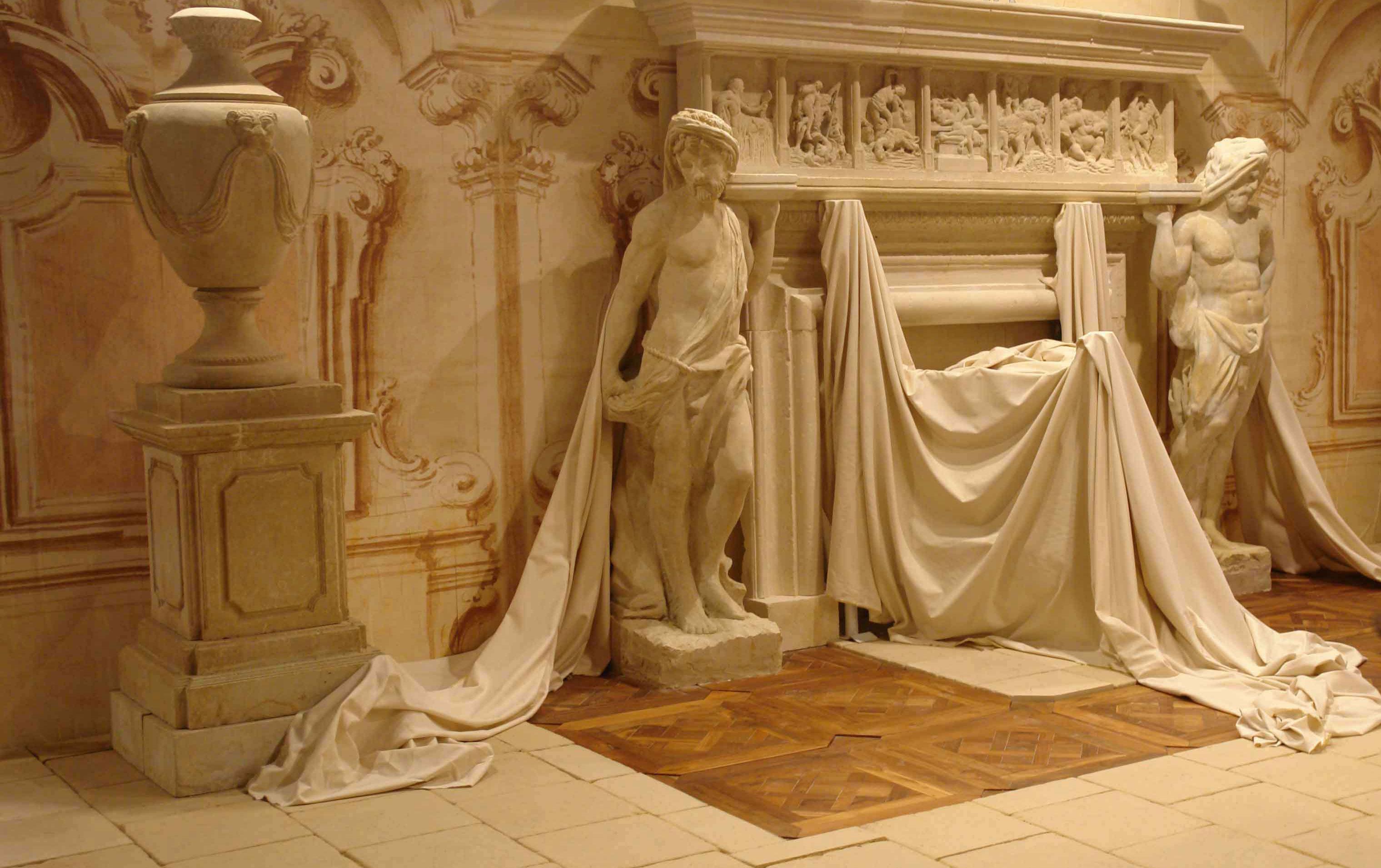 Contemporary Italian Renaissance Style Fireplace, Gods, Monumental Hand-Carved in Limestone. For Sale