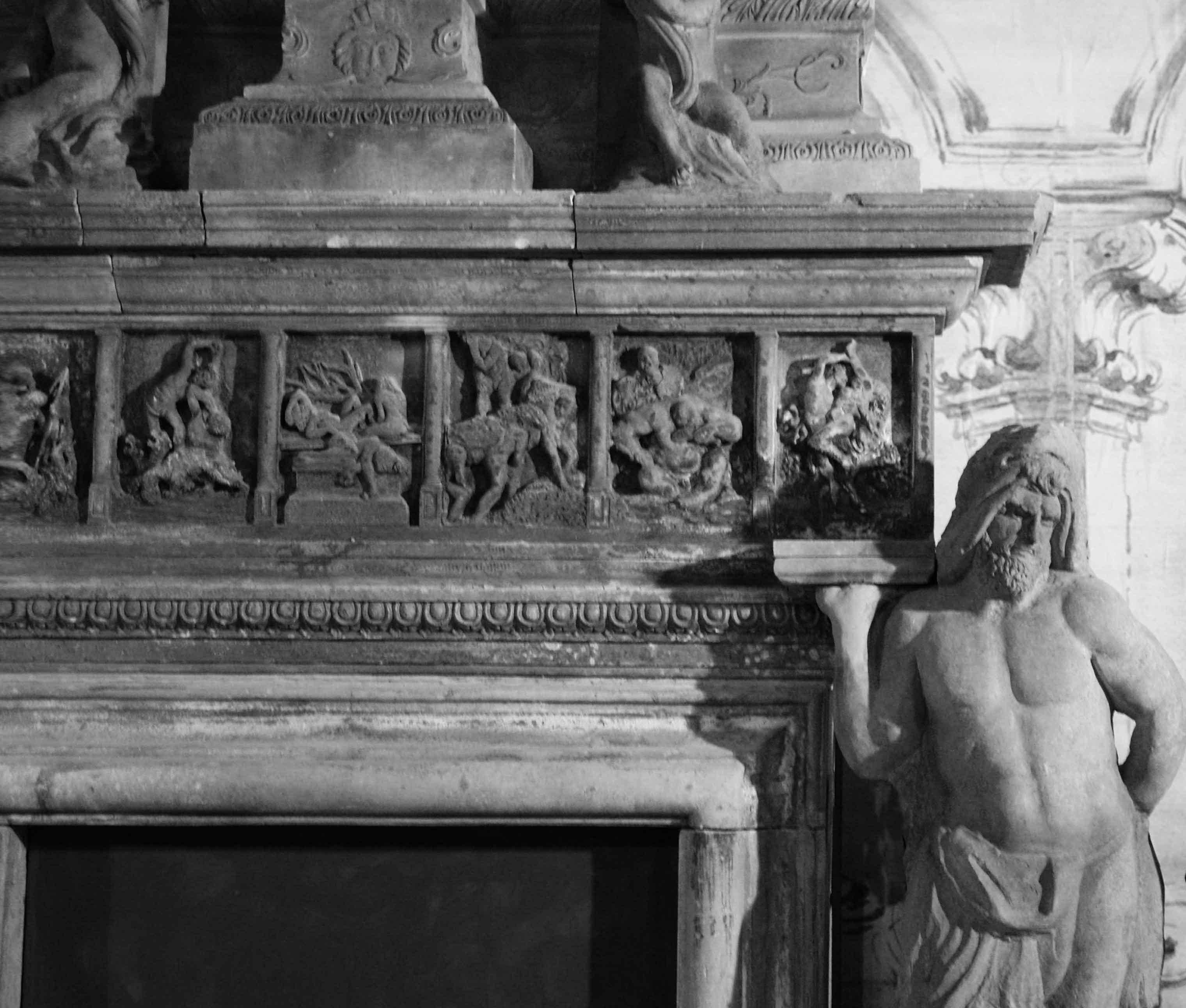Italian Renaissance Style Fireplace, Gods, Monumental Hand-Carved in Limestone. For Sale 2