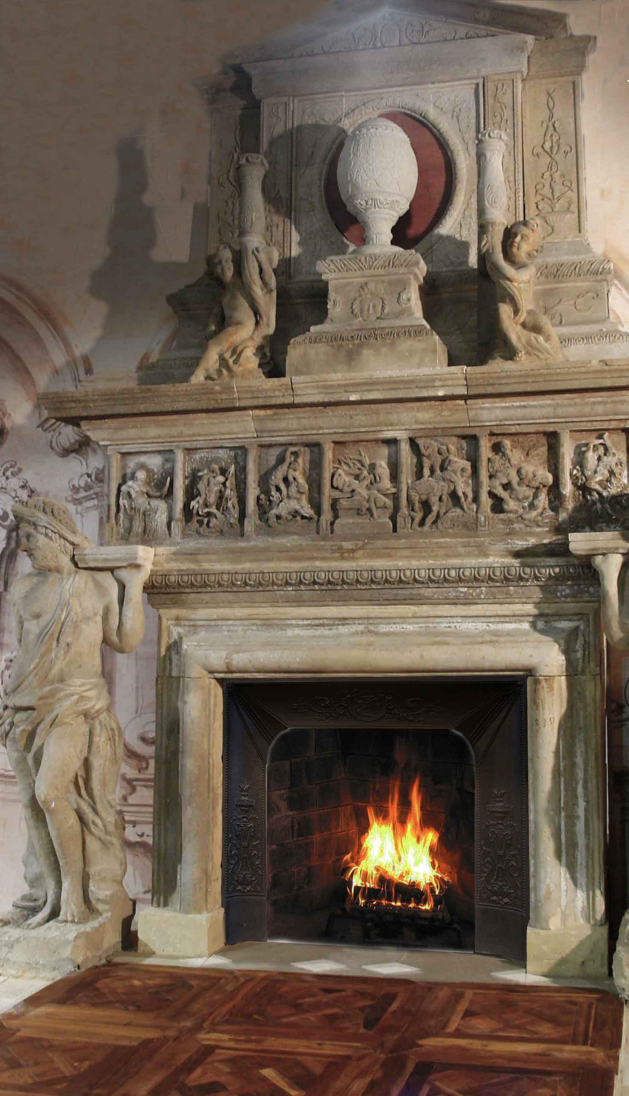 Italian Renaissance Style Fireplace, Gods, Monumental Hand-Carved in Limestone. For Sale 3