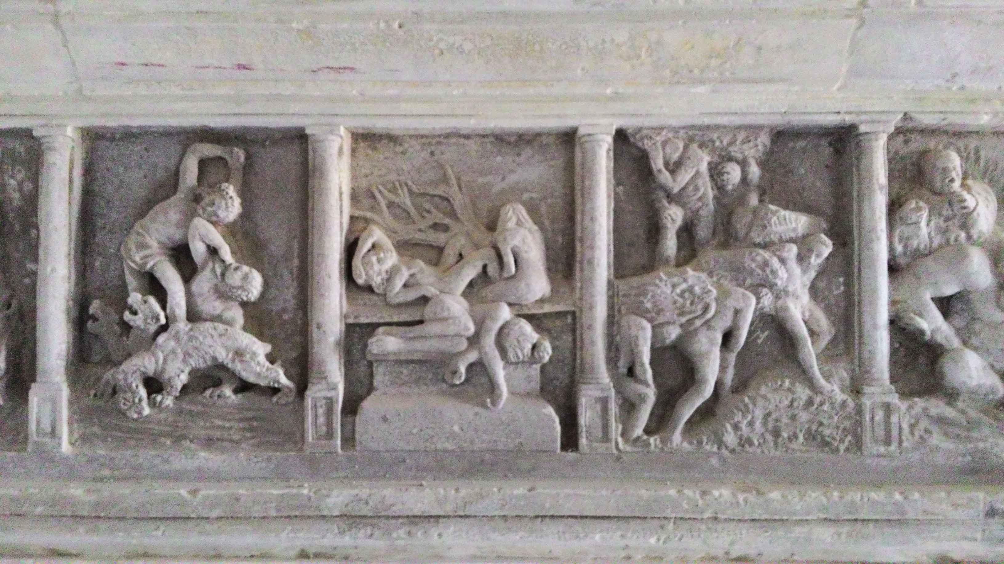 Italian Renaissance Style Fireplace, Gods, Monumental Hand-Carved in Limestone. For Sale 6