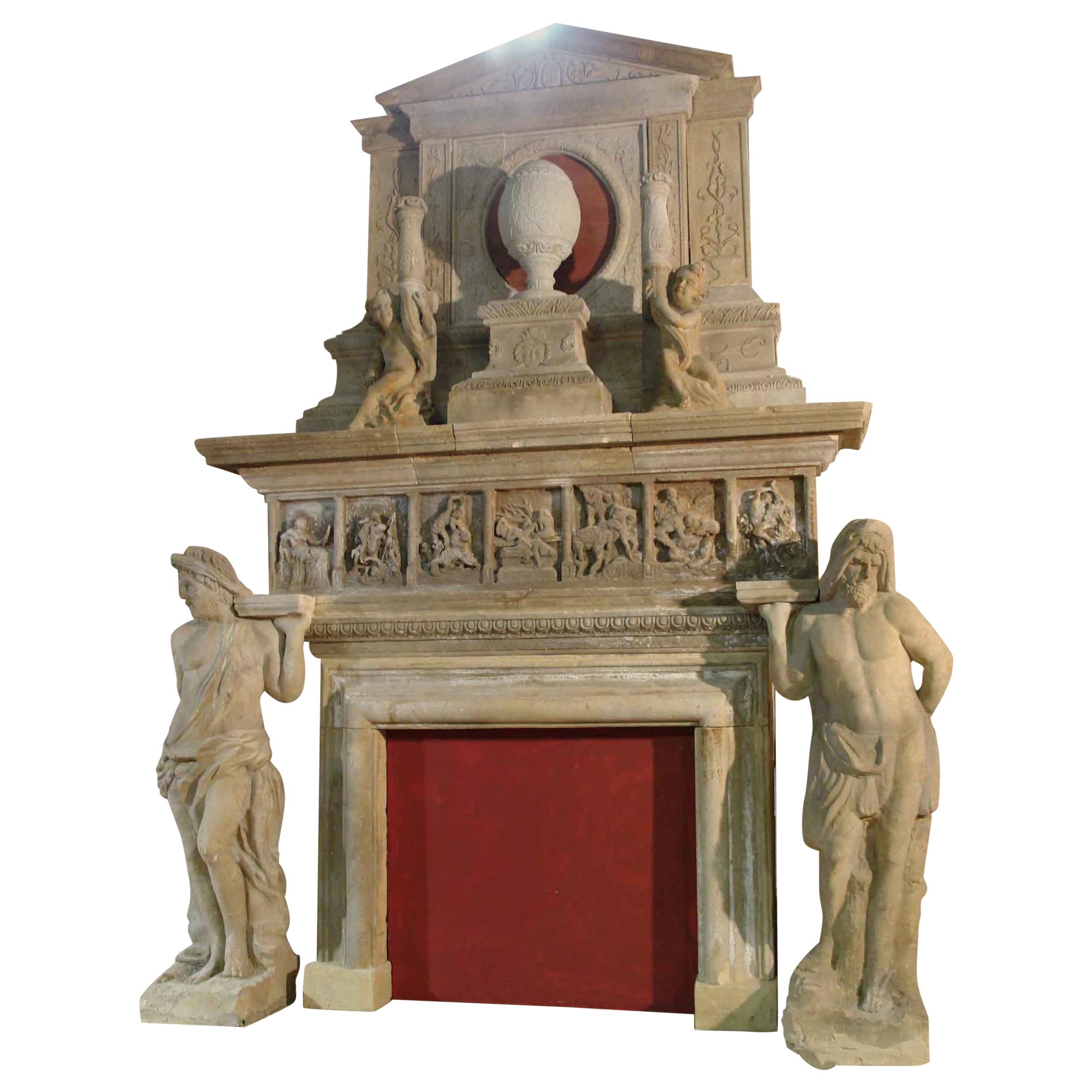 Italian Renaissance Style Fireplace, Gods, Monumental Hand-Carved in Limestone. For Sale