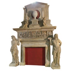 Italian Renaissance Style Fireplace, Gods, Monumental Hand-Carved in Limestone.