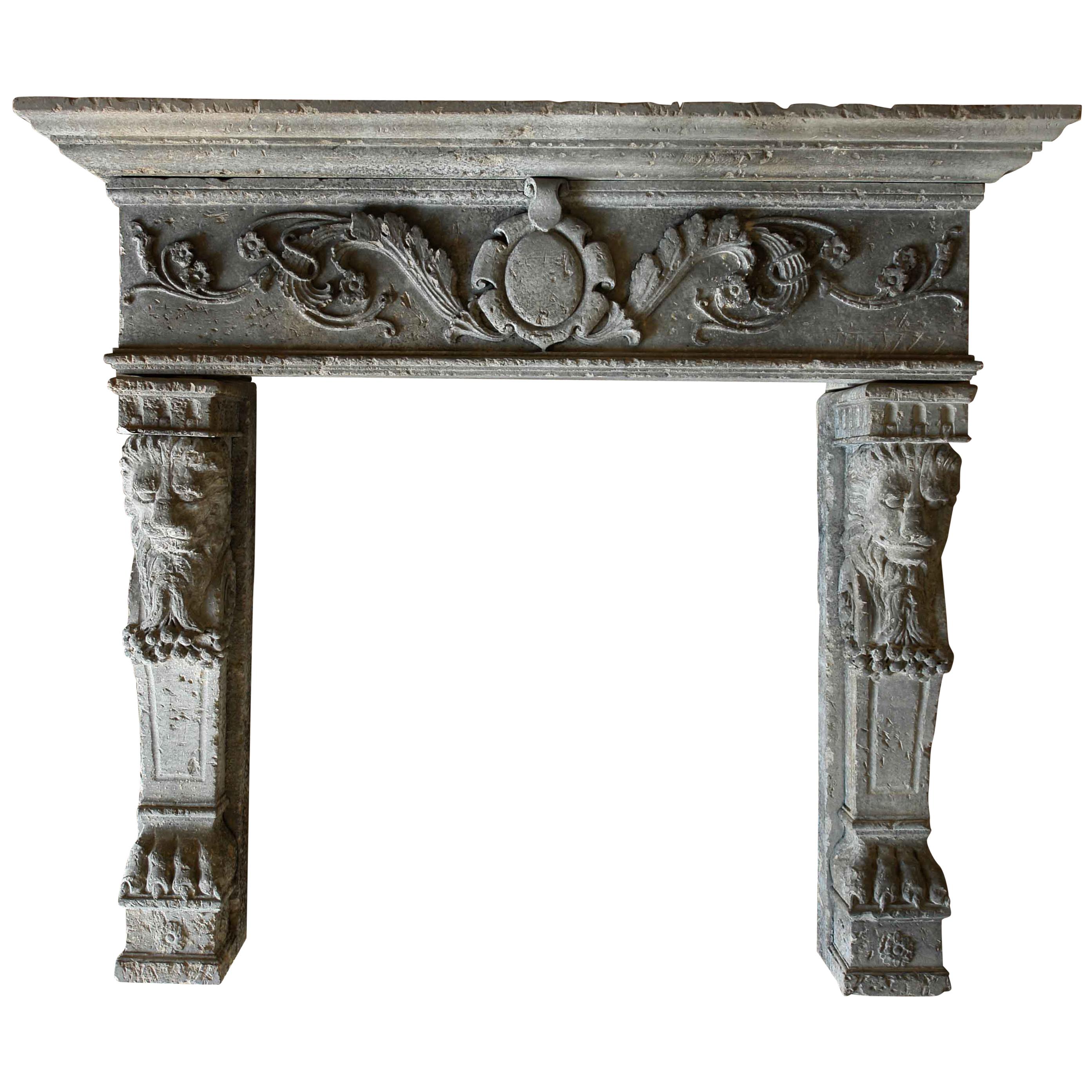 Italian Renaissance Style Fireplace, Hand-Carved in Limestone, Antique Finishing For Sale