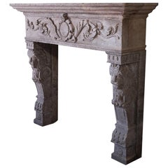 Italian Renaissance Style Fireplace in Limestone, Lions Heads, Medallion, Italy