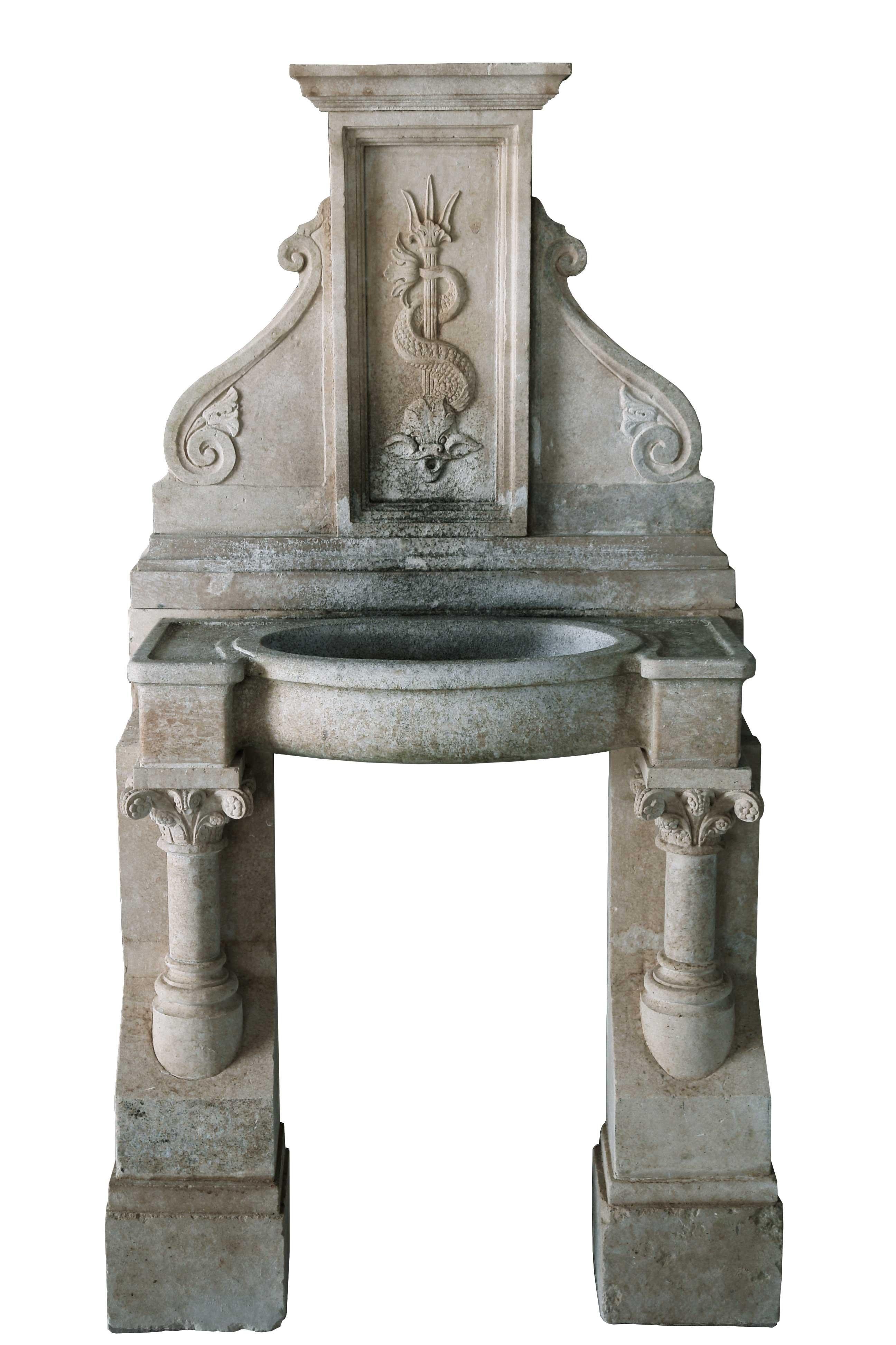 Italian Renaissance Style Fountain Hand-Carved in Pure Limestone Antique Patina For Sale 9