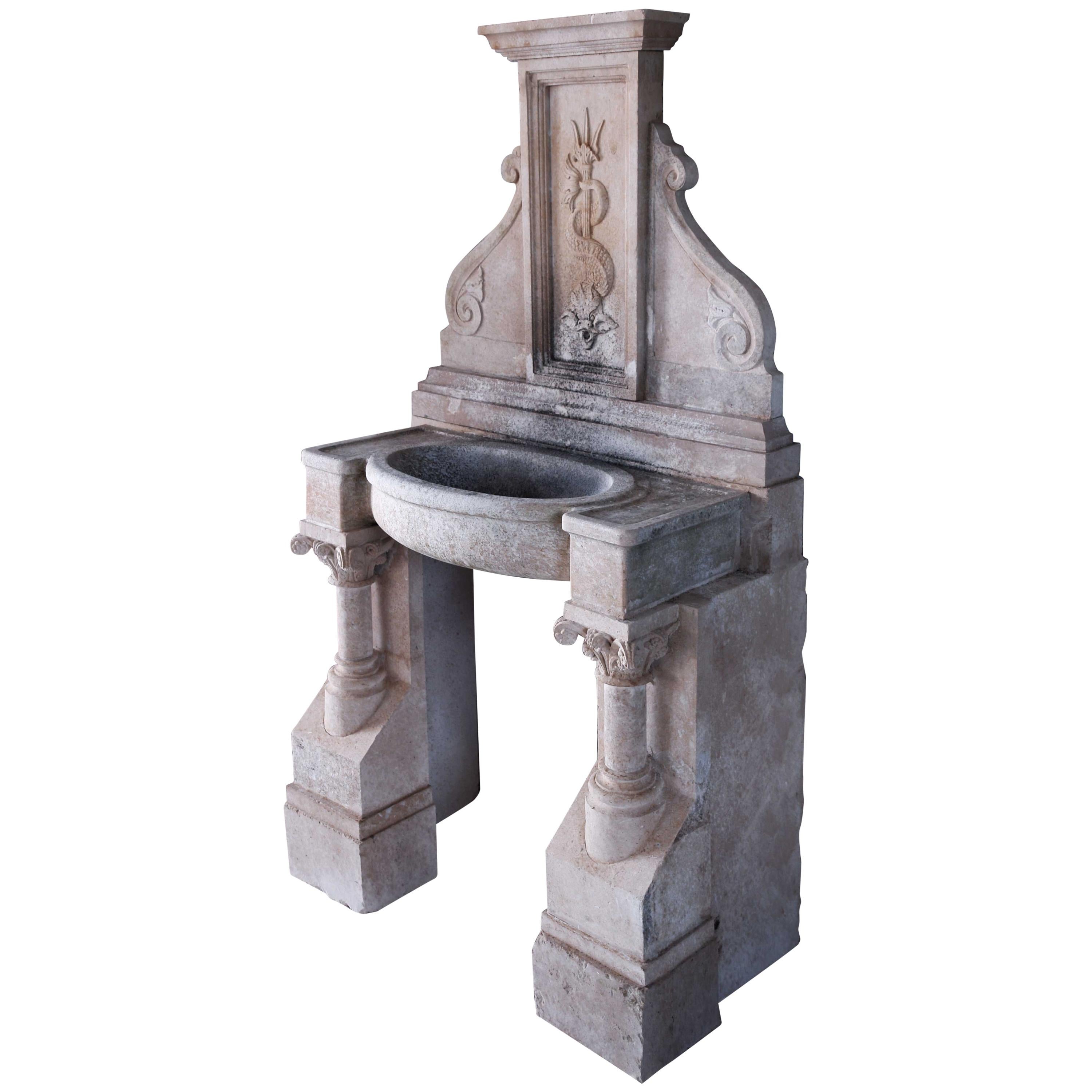 Italian Renaissance Style Fountain Hand-Carved in Pure Limestone Antique Patina For Sale