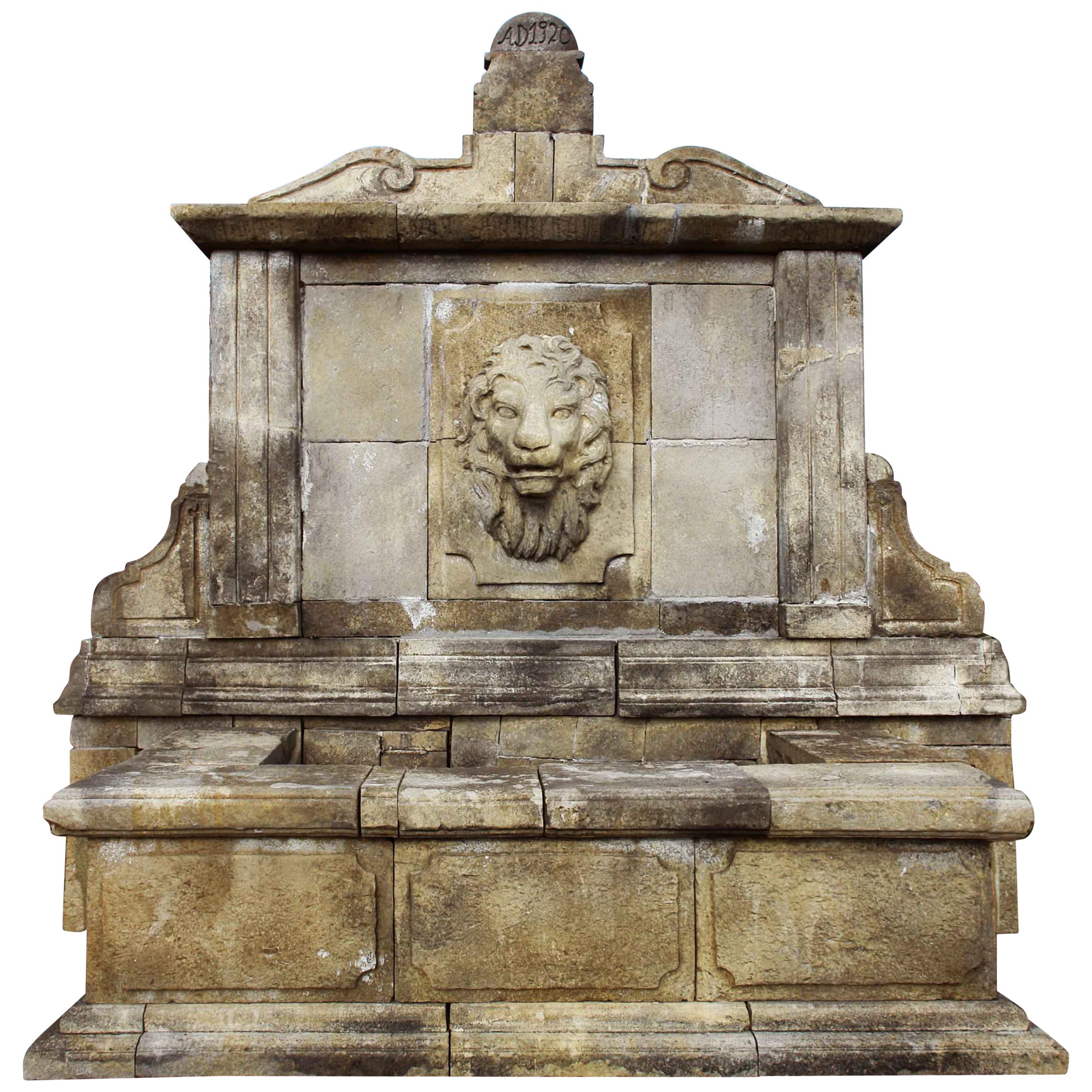 Italian Renaissance Style Fountain, Lions Central Head Water Fall in Limestone For Sale