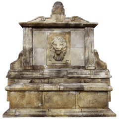 Vintage Italian Renaissance Style Fountain, Lions Central Head Water Fall in Limestone