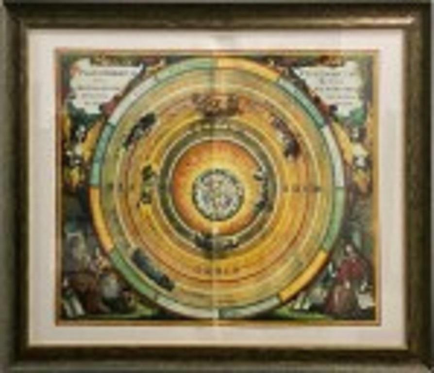 Italian Renaissance style framed print of a celestial map depicting how the Sun, Moon and other planets revolves around the Earth