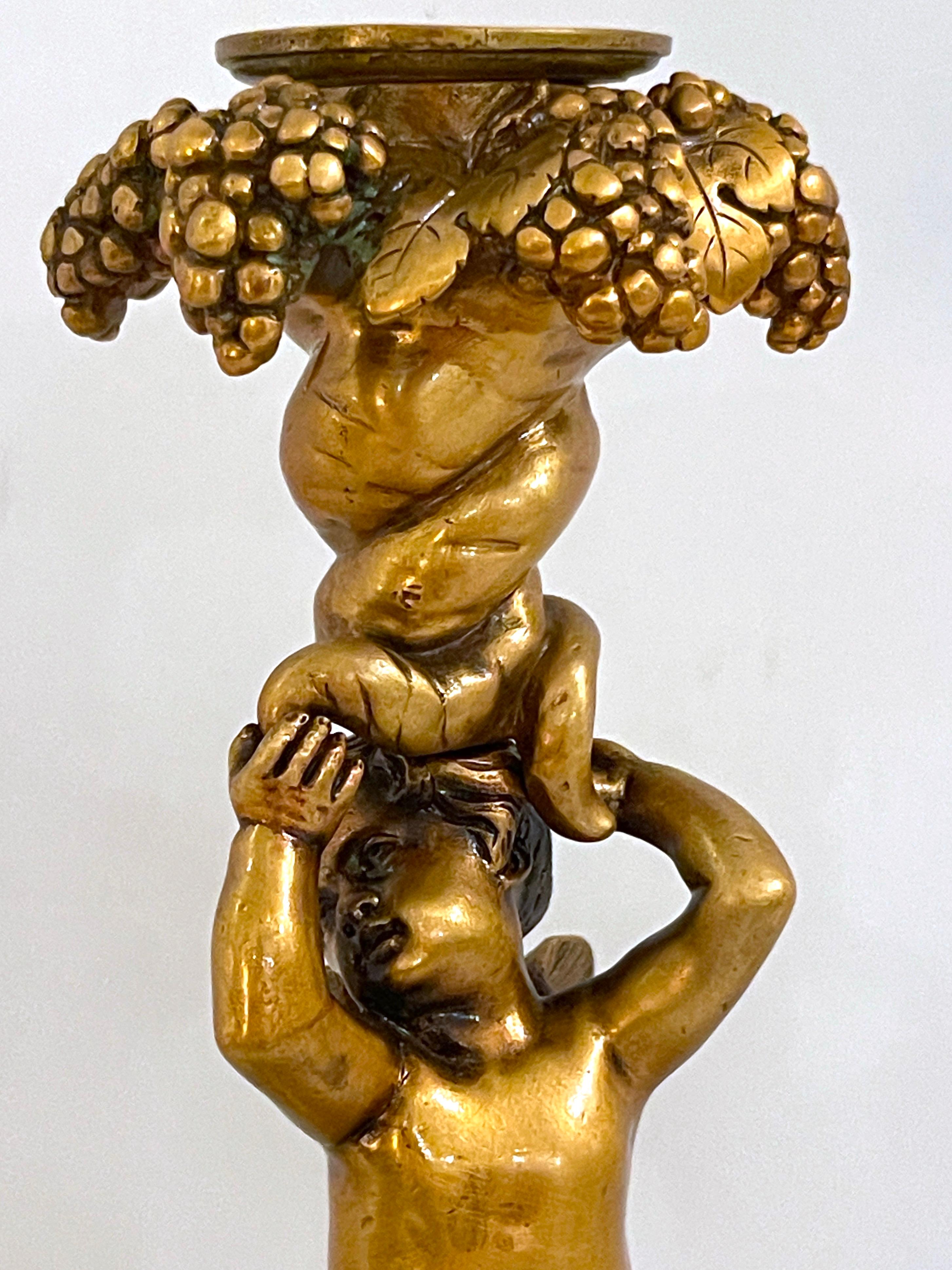 19th Century Italian Renaissance Style Gilt Bronze & Marble Putti on Crocodile Candlestick   For Sale